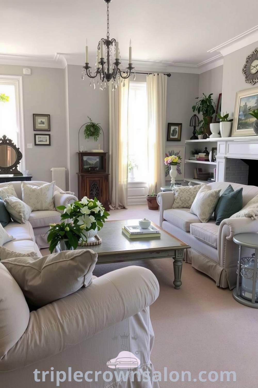 Cozy French living room featuring soft gray walls, plush sofas, an antique coffee table, metal side tables, warm light filtering through sheer drapes, and vibrant potted plants, offering cozy design ideas and inspiring decor inspirations for your home. Visit triplecrownsalon.com.