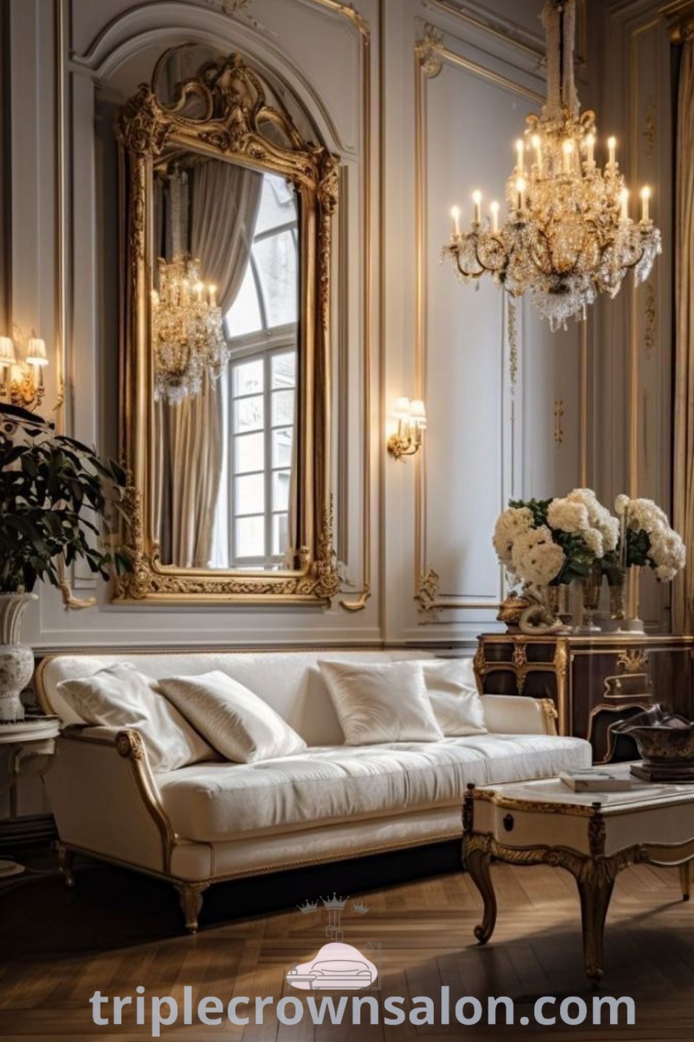 An elegant living room with a chandelier, stylish couch, and mirror centerpiece showcases inspiring decor ideas for a cozy home. This classic house interior highlights unique design ideas and trends, perfect for anyone looking to elevate their living space. Find more decor inspirations at triplecrownsalon.com.