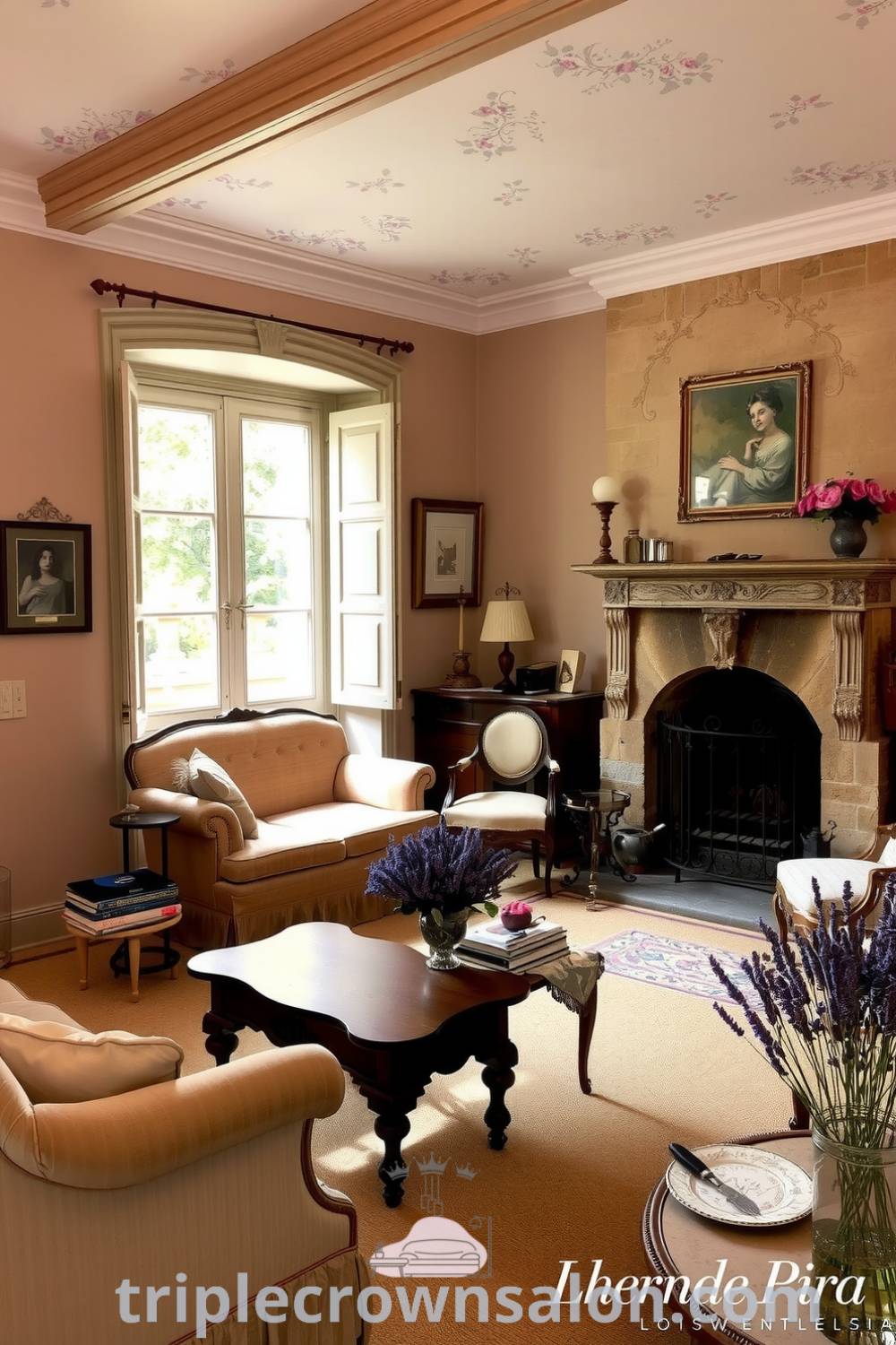 French living room featuring soft beige walls with floral patterns, plush velvet sofa, ornate wooden coffee table, large windows for sunlight, stone fireplace, and aromatic lavender, creating a cozy and inviting atmosphere that offers unique decor ideas for your home, inspiring ideas you need to see, and cozy aesthetic inspirations. Visit triplecrownsalon.com.