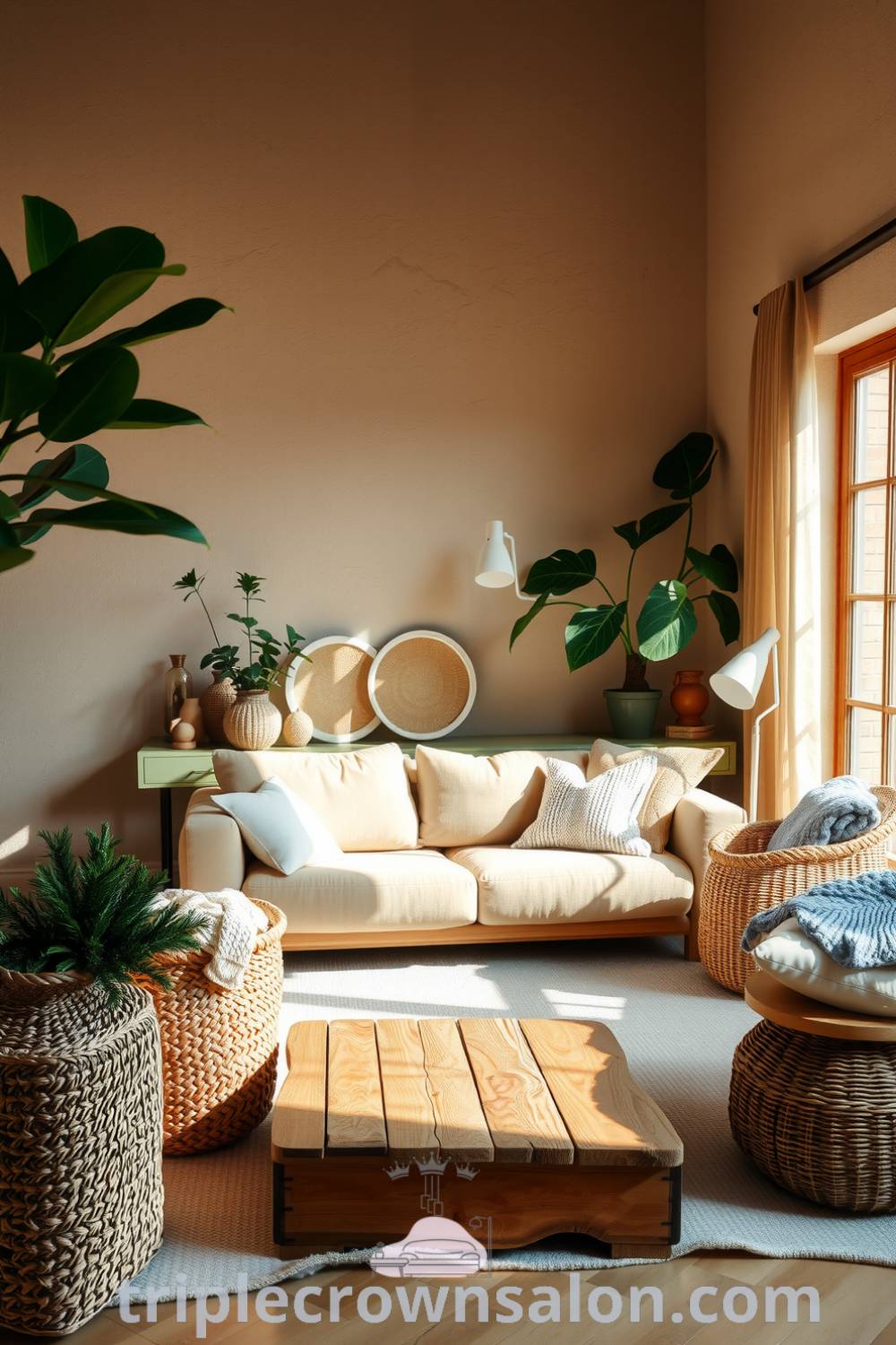 Living room designed with earthy tones, large leafy plants, a plush sofa, reclaimed wood coffee table, woven baskets with cozy blankets and chunky knit pillows, creating an inviting atmosphere that harmonizes with nature, featured on triplecrownsalon.com.