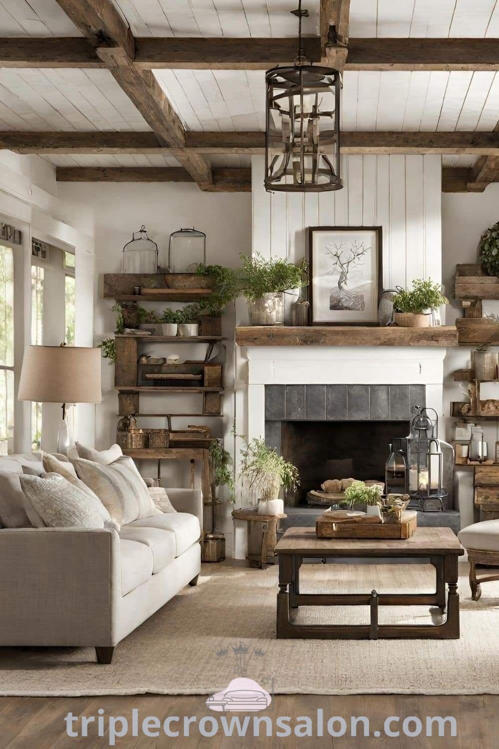 A cozy farmhouse living room showcasing dark wood furniture, shiplap accent walls, and a fireplace, capturing the essence of country home decorating and aesthetic farmhouse designs. Find unique ideas and decor inspirations for small spaces at triplecrownsalon.com.