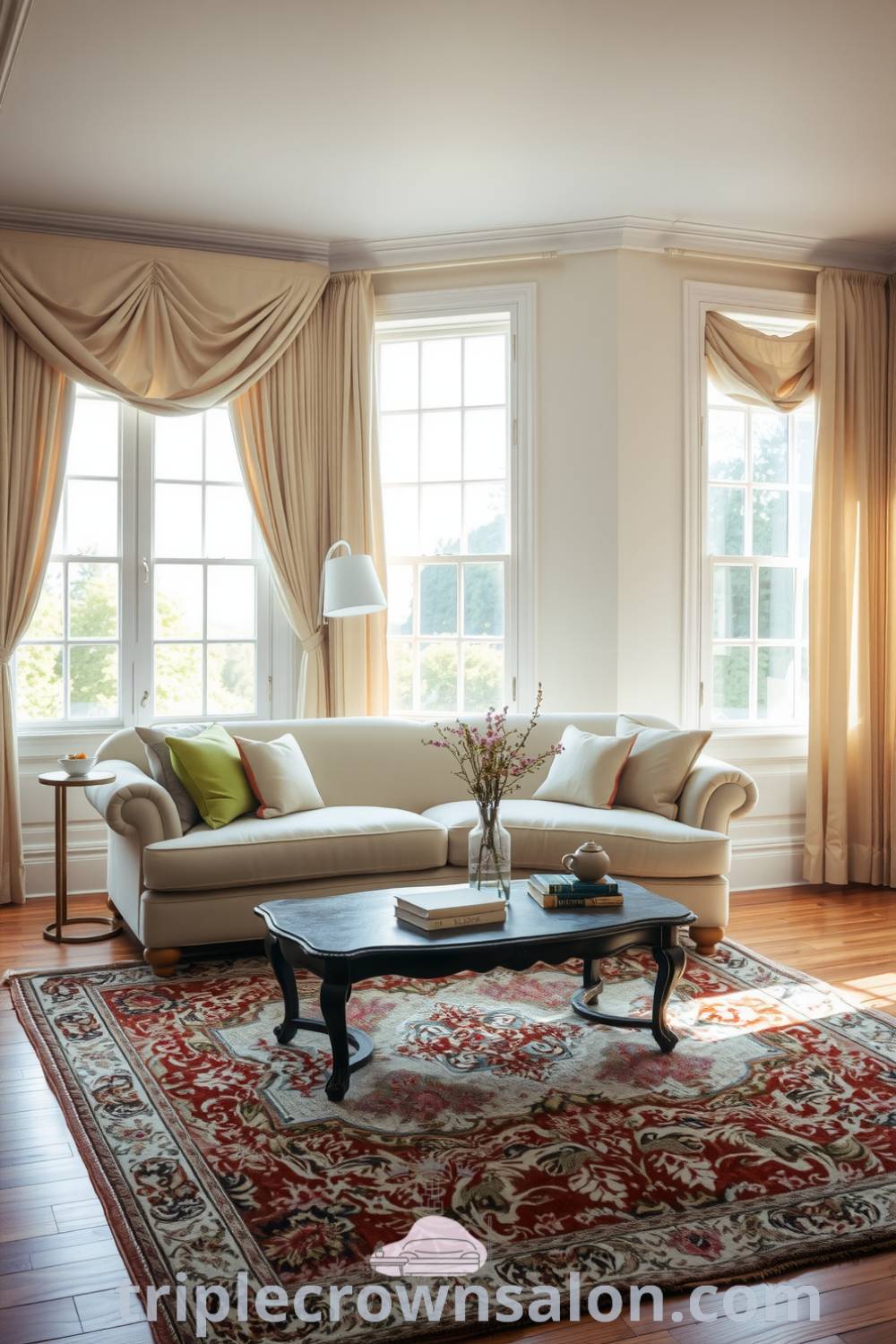 Cozy living room showcasing soft white walls, elegant curtains, a plush area rug, and an overstuffed sofa, featuring an antique coffee table with books and flowers, creating a serene and inviting space, ideal for relaxation, inspired by decor ideas from fireplacesandwoodstoves.com.