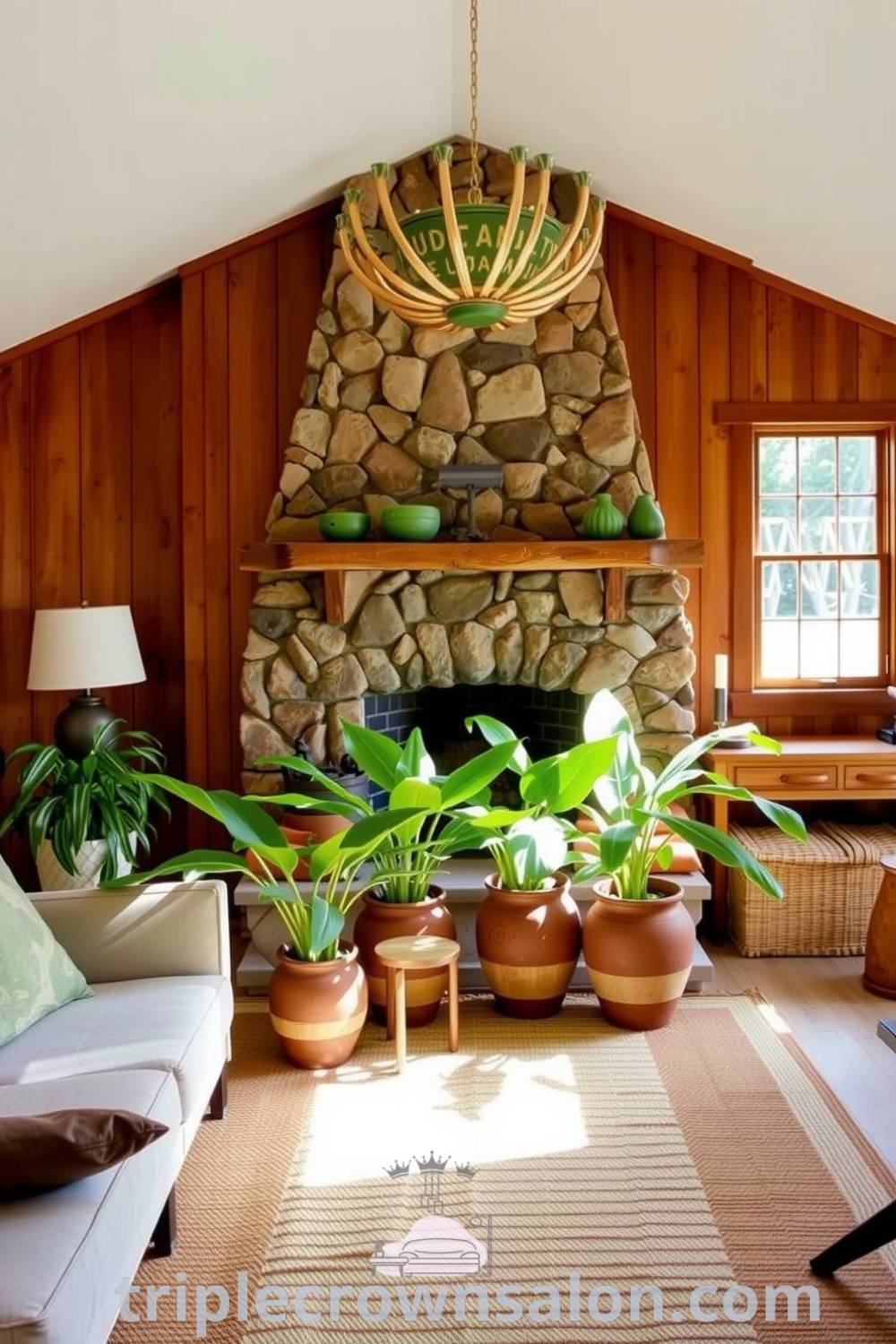 Cozy living room with warm wood paneling, stone fireplace, large leafy plants in ceramic pots, and soft green and brown cushions, creating an inviting nature-inspired space, perfect for reflection and gatherings. Visit triplecrownsalon.com for inspiring decor ideas.