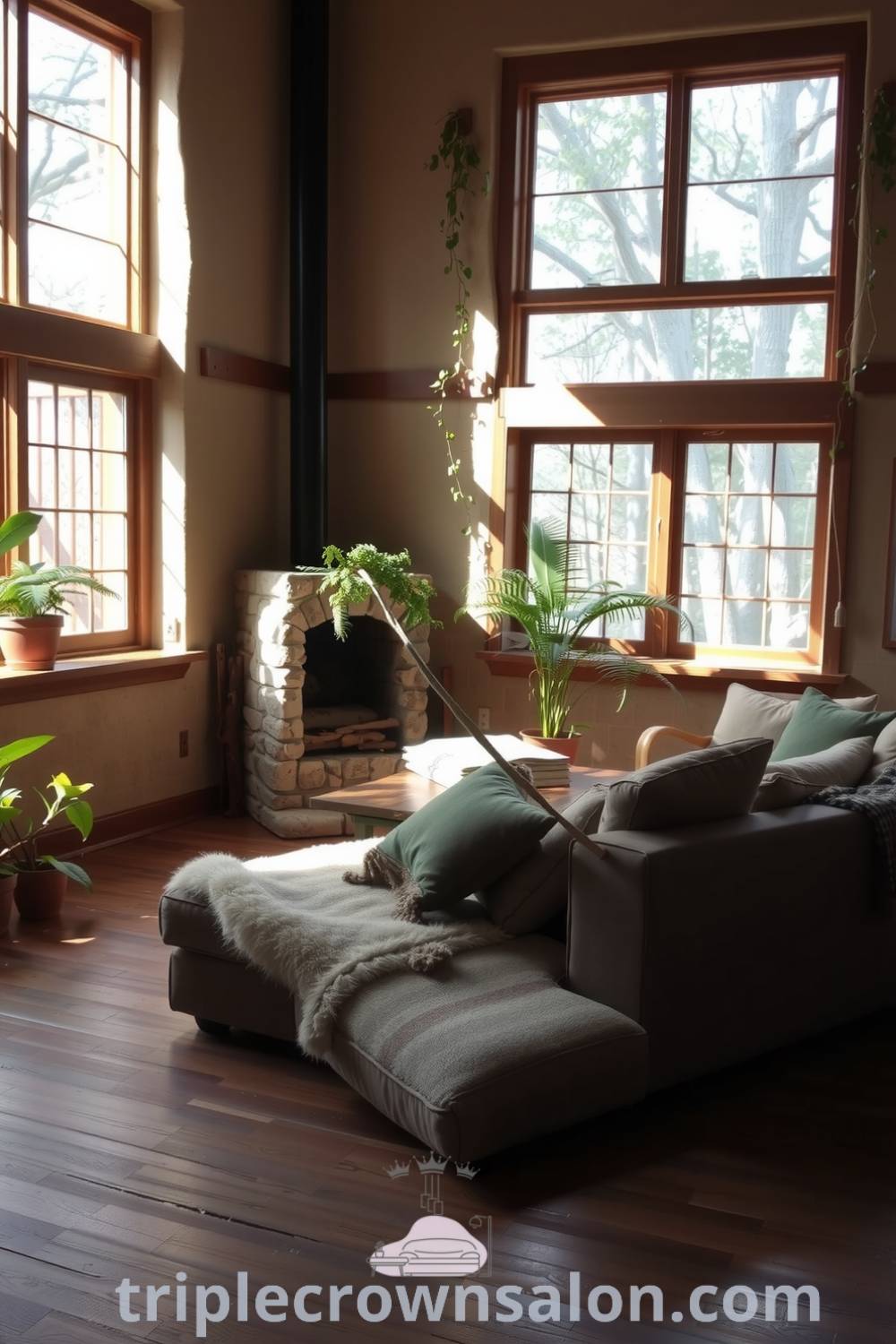 Nature-inspired living room featuring sunlight filtering through large windows, rich wooden floors, a low stone fireplace, plush earth-toned cushions on a weathered sofa, and potted ferns, creating a cozy and tranquil retreat. Visit triplecrownsalon.com for more cozy ideas and decor inspirations.