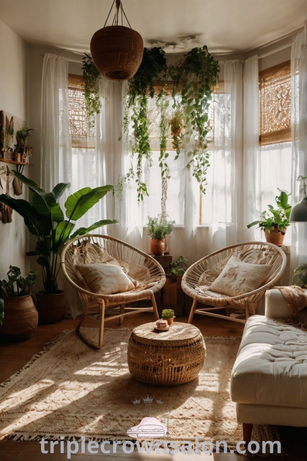 A living room filled with lush plants, featuring two cozy couches and a vibrant rug, showcasing a Scandi Boho aesthetic. This design provides unique ideas for your home while promoting a refreshing and inviting atmosphere. Explore more inspiring decor ideas for small spaces at triplecrownsalon.com.