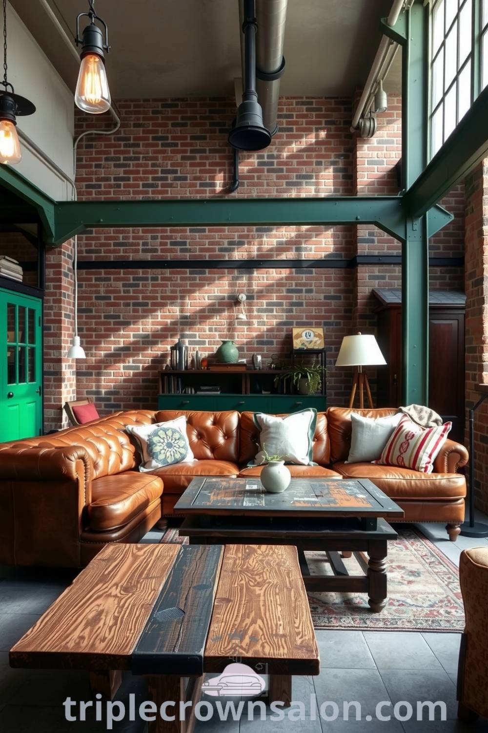 Industrial living room with exposed brick walls, green metal accents, a weathered leather sofa, reclaimed wood coffee table, and vintage light fixtures, highlighting cozy design ideas for your home at triplecrownsalon.com.