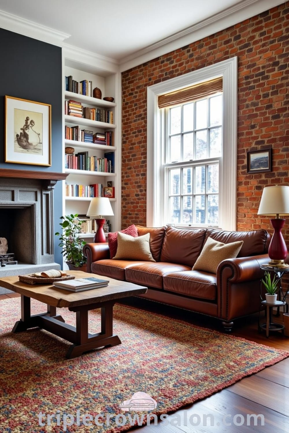 Rustic living room with a worn leather sofa, handwoven rug on wooden floorboards, exposed brick wall lined with books, and a reclaimed wood coffee table, showcasing cozy ideas and decor inspirations for a warm, inviting home at fireplacesandwoodstoves.com.