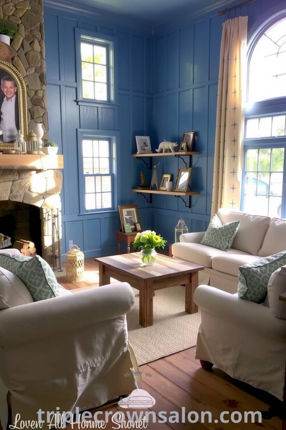 Cozy farmhouse living room featuring blue hues, weathered wooden floors, soft furniture, a stone fireplace, large curtained windows, and family photos, offering cozy ideas and decor inspirations for a welcoming space on triplecrownsalon.com.