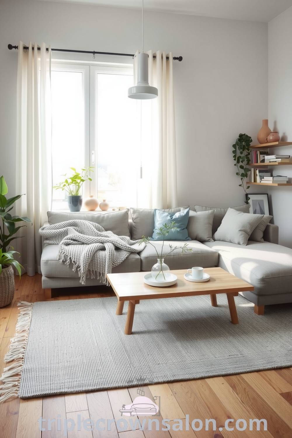 Scandinavian living room with soothing grey decor, natural oak flooring, plush sofa, textured woolen throw, handwoven rug, potted plants, and light wood shelves displaying books and pottery, showcasing cozy ideas, decor inspirations, and unique ideas for your home at triplecrownsalon.com.