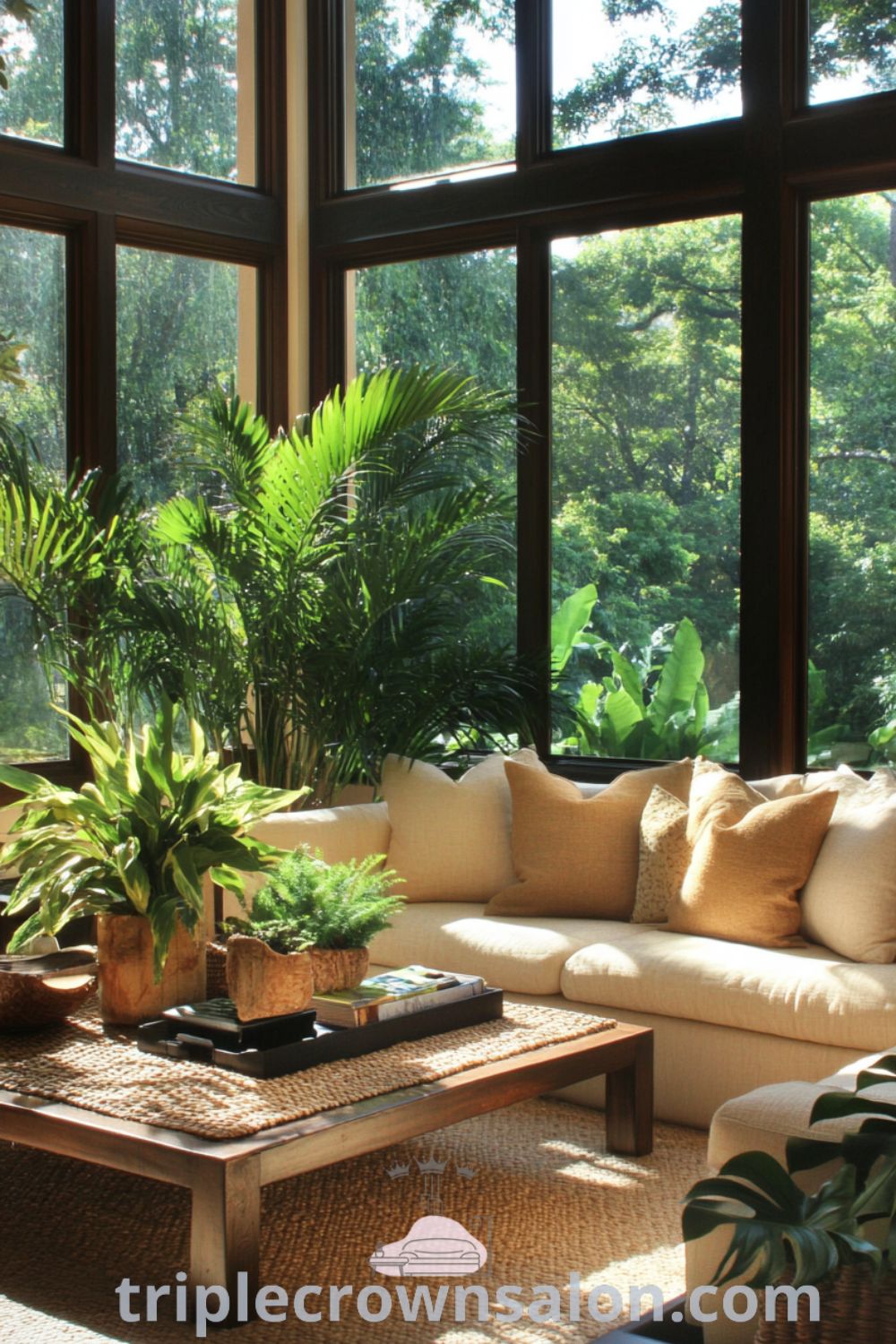 Sun-drenched nature-inspired living room featuring large windows, earthy-toned walls, oversized reclaimed wood furniture, a woven jute rug, and leafy plants, creating a cozy and inviting atmosphere perfect for relaxation. Visit triplecrownsalon.com for more cozy home decor ideas.