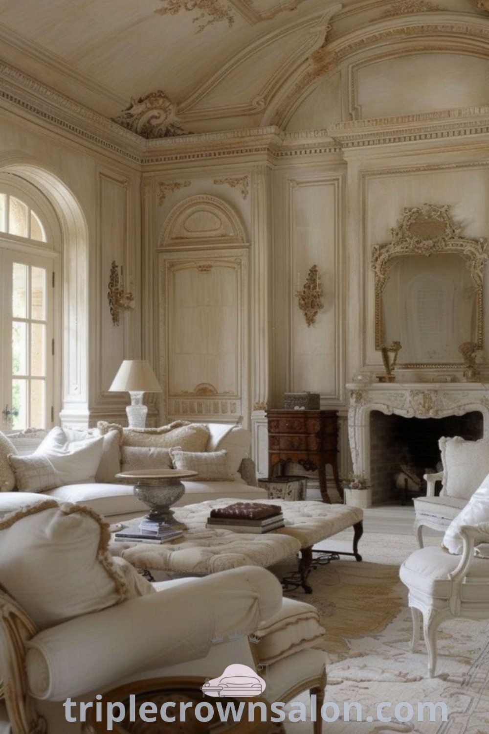 An elegant living room featuring white furniture and large windows, highlighting the French Provincial interior design style. This cozy space offers inspiring ideas for your home, emphasizing French country living room decor ideas and unique elements for a warm, inviting atmosphere. For further decor inspirations, visit triplecrownsalon.com.