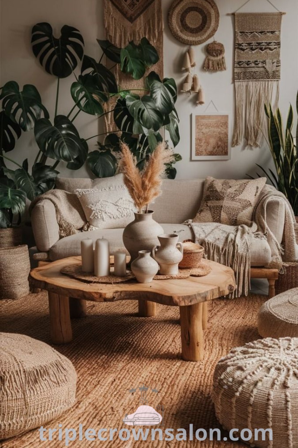 A cozy boho living room filled with colorful furniture and lush plants, embodying renter-friendly decor ideas. This inspiring space reflects a clean boho aesthetic, offering unique inspirations for your home. Discover more boho house design ideas at wellnesswink.com.