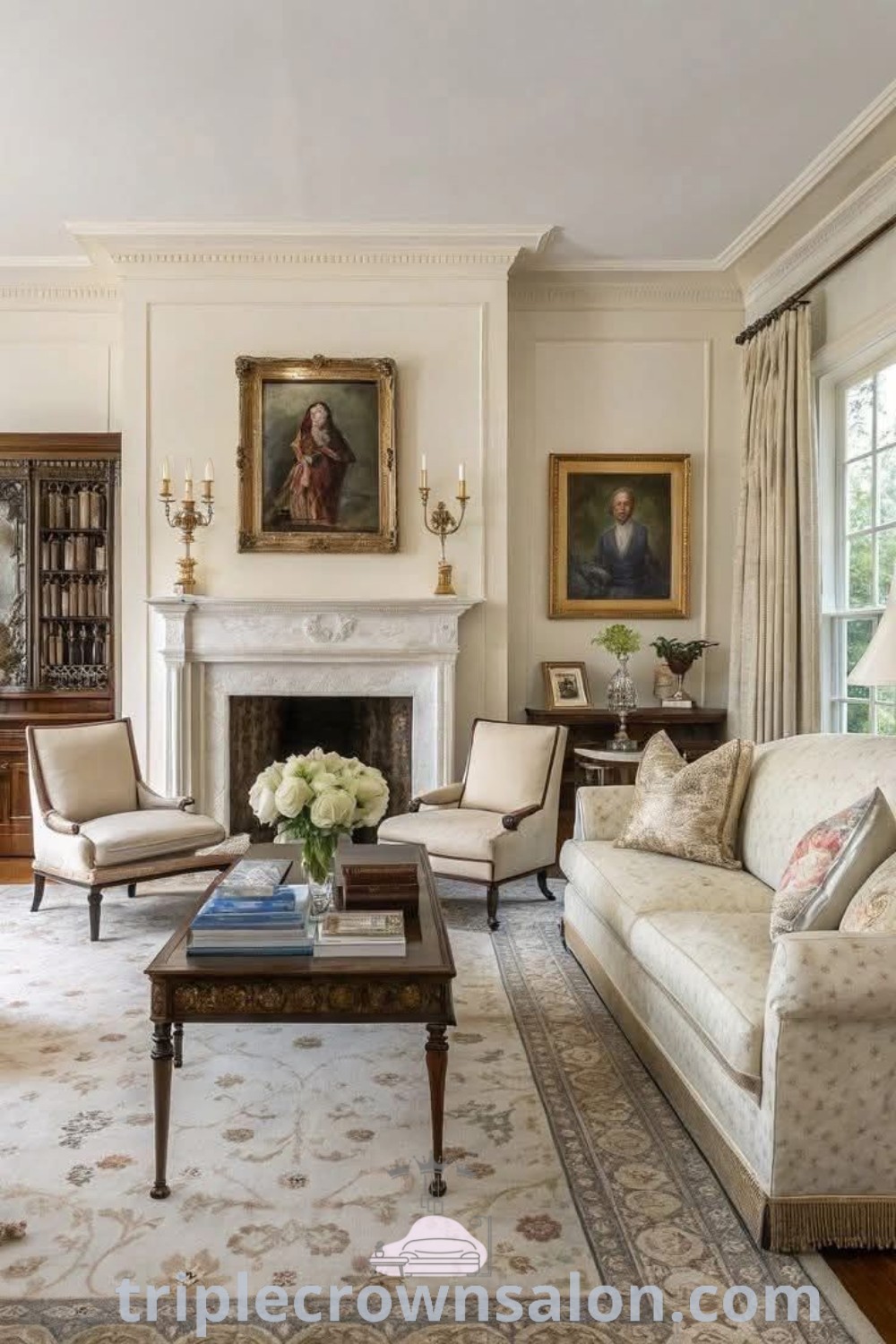 A Victorian-inspired living room showcasing elegant furniture, a cozy fireplace, and a stunning wall painting. This design embodies classic home decor ideas and offers inspiring tips for creating a luxurious and inviting atmosphere. Explore more decorating ideas at triplecrownsalon.com.