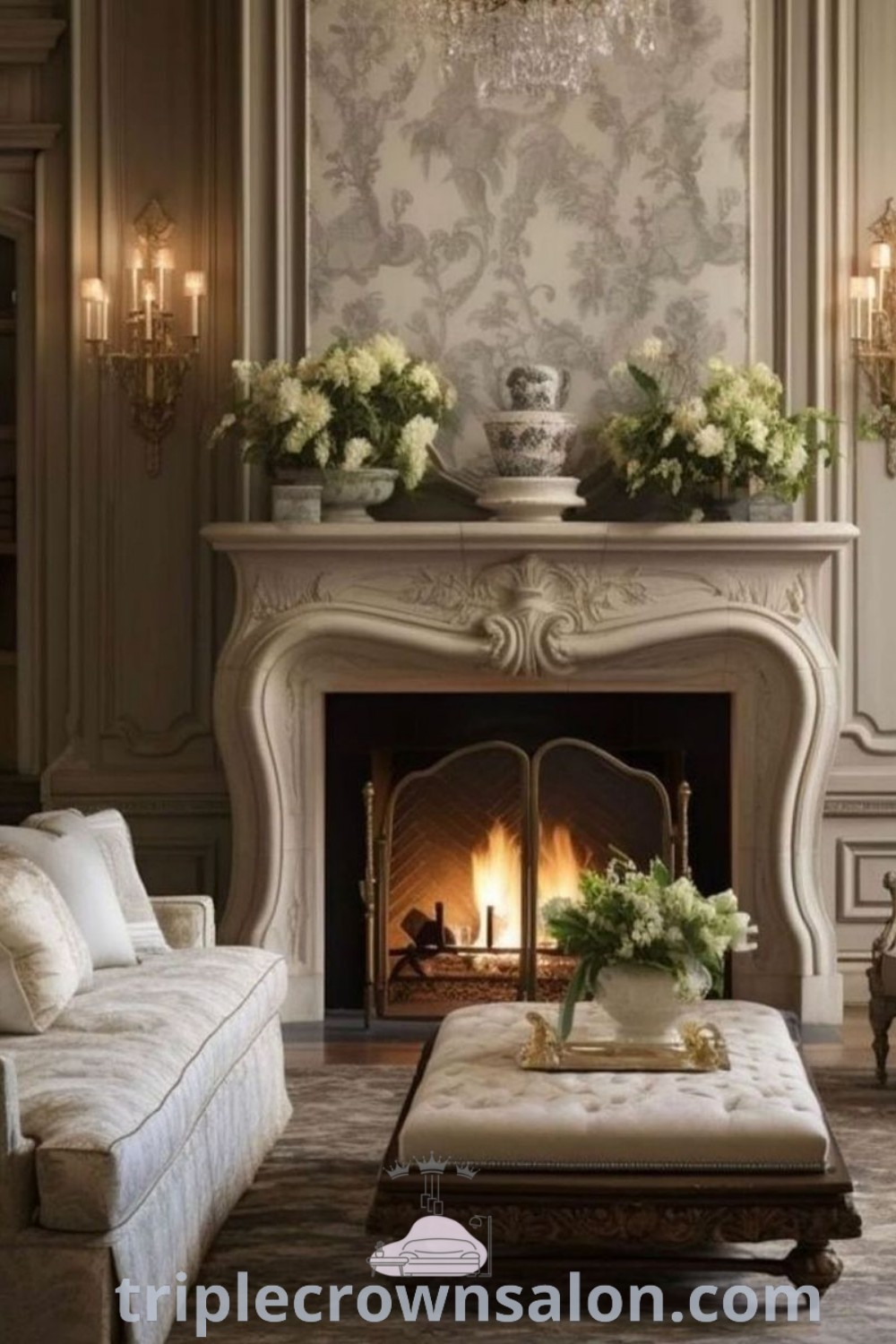 A maximalist living room featuring cozy furniture, an elegant wall-mounted fireplace, and vibrant decor inspirations, perfect for creating a charming atmosphere in your home. Explore unique design ideas and cozy aesthetics at triplecrownsalon.com.