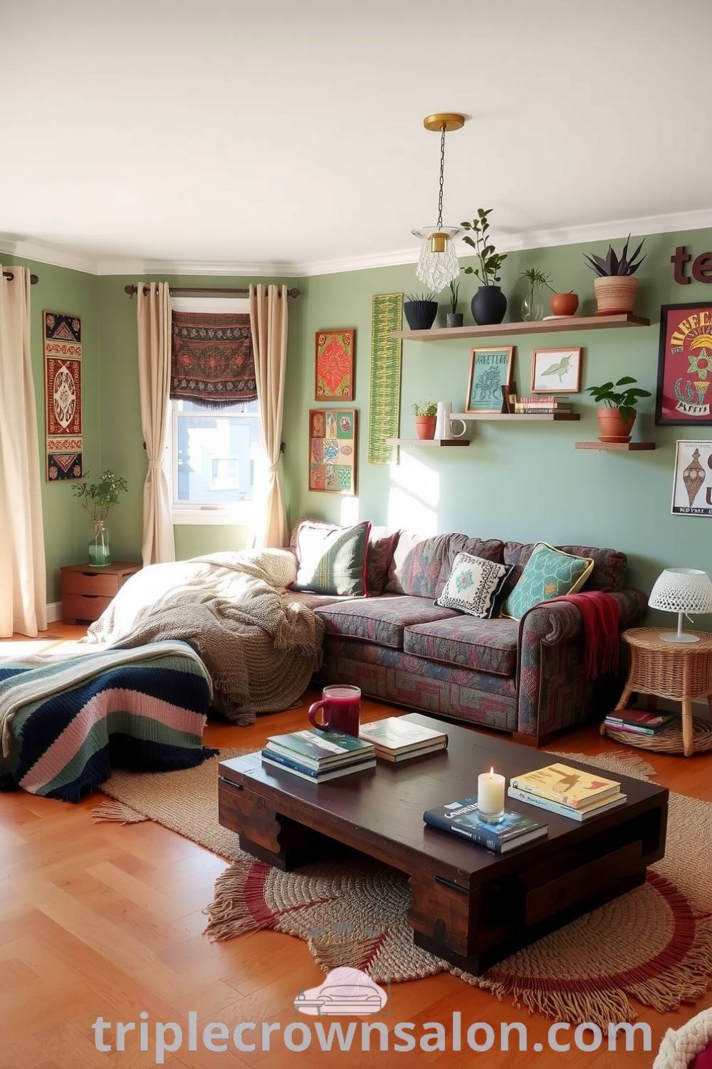Boho living room with earthy green tones, oversized mismatched sofa, woven rugs, vibrant wall art, and plants, featuring a reclaimed wood coffee table; perfect for cozy home decor ideas. Visit fireplacesandwoodstoves.com for more inspiring design ideas.