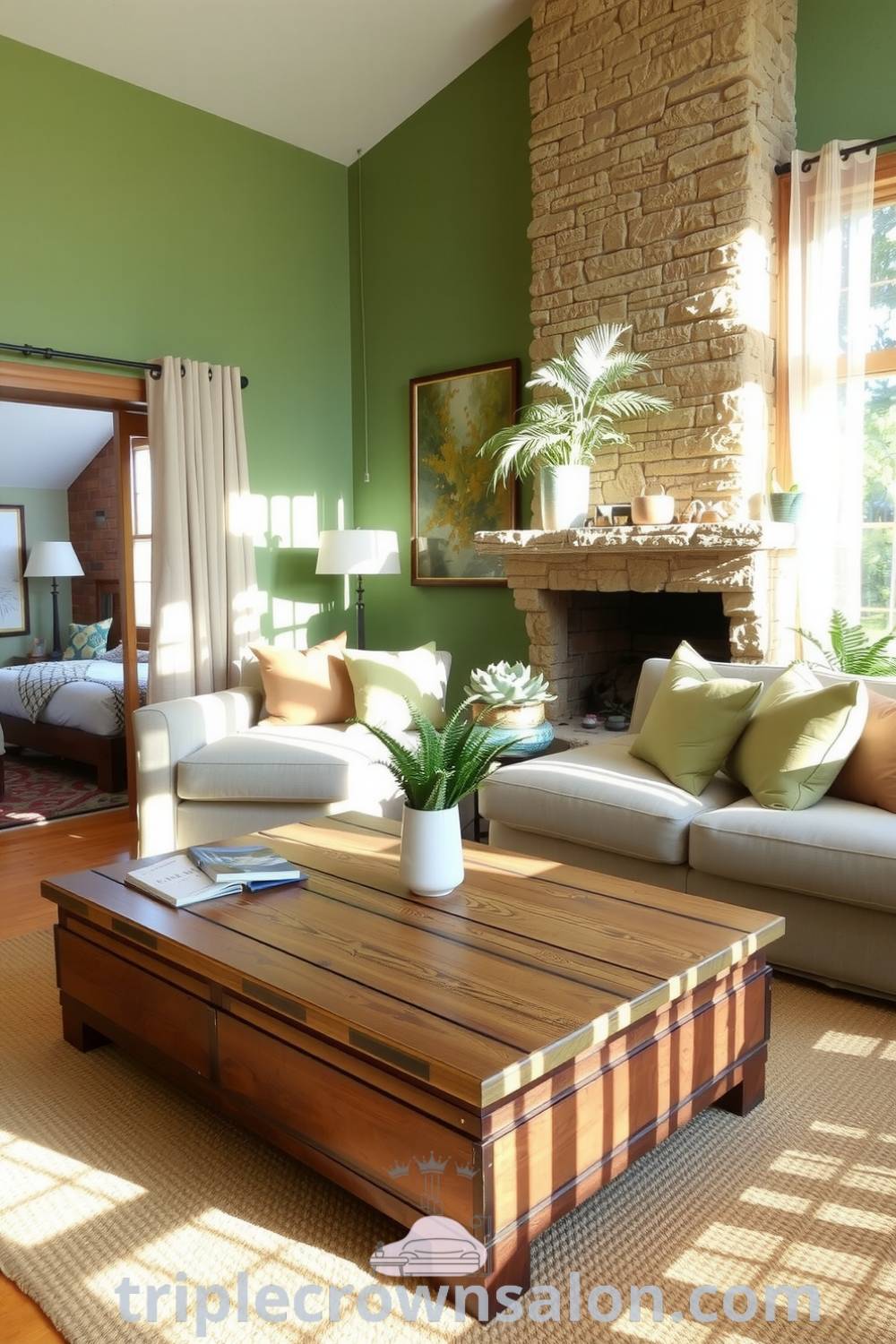 Cozy living room with earthy green walls, distressed wooden coffee table, soft sage cushions, natural stone fireplace, and potted ferns and succulents, offering cozy ideas and decor inspirations for a tranquil and inviting home. Visit triplecrownsalon.com for more unique ideas.