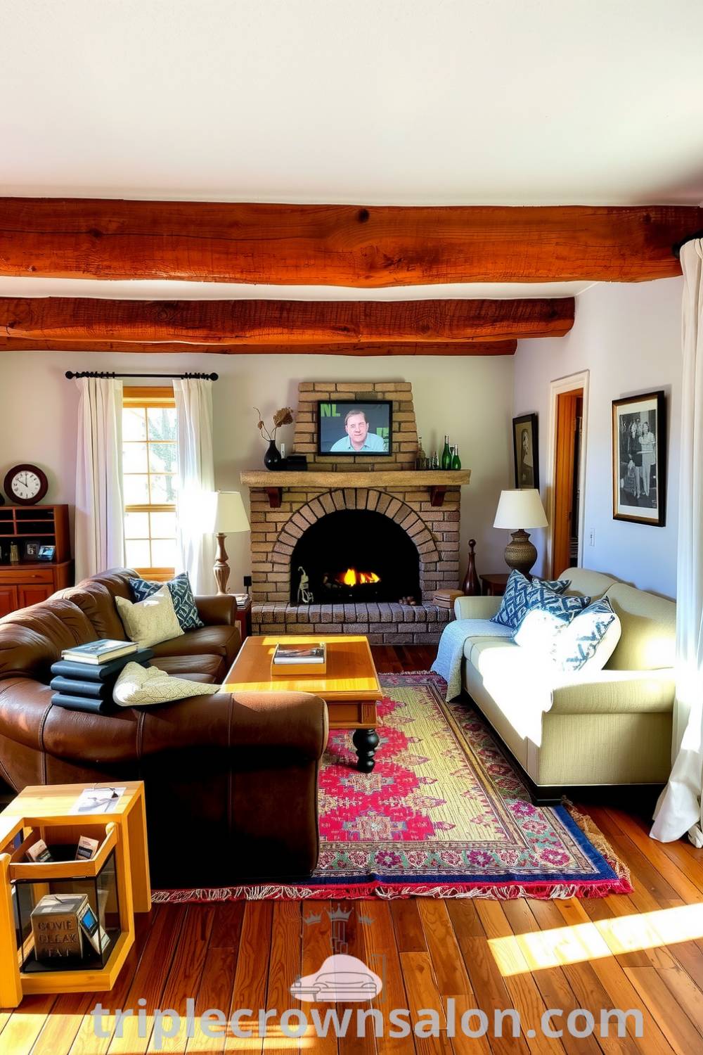 Cozy rustic living room featuring soft blue accents, exposed wooden beams, a worn leather sofa, a stone fireplace, reclaimed wood floor, handwoven rug, and framed family photographs, providing inspiring decor ideas for your home. Visit triplecrownsalon.com for more cozy home inspirations.