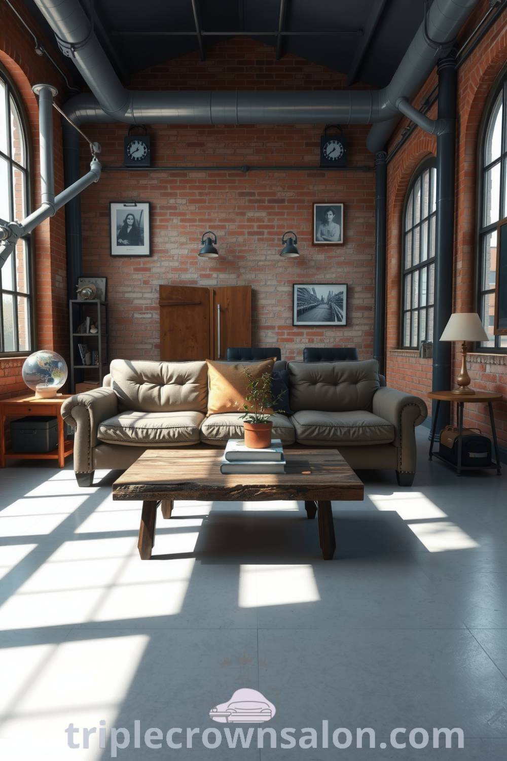 Industrial living room featuring grey tones, exposed brick walls, a distressed leather sofa, a reclaimed wood coffee table with books and a plant, and natural light enhancing the cozy aesthetic, providing cozy ideas and decor inspirations at triplecrownsalon.com.