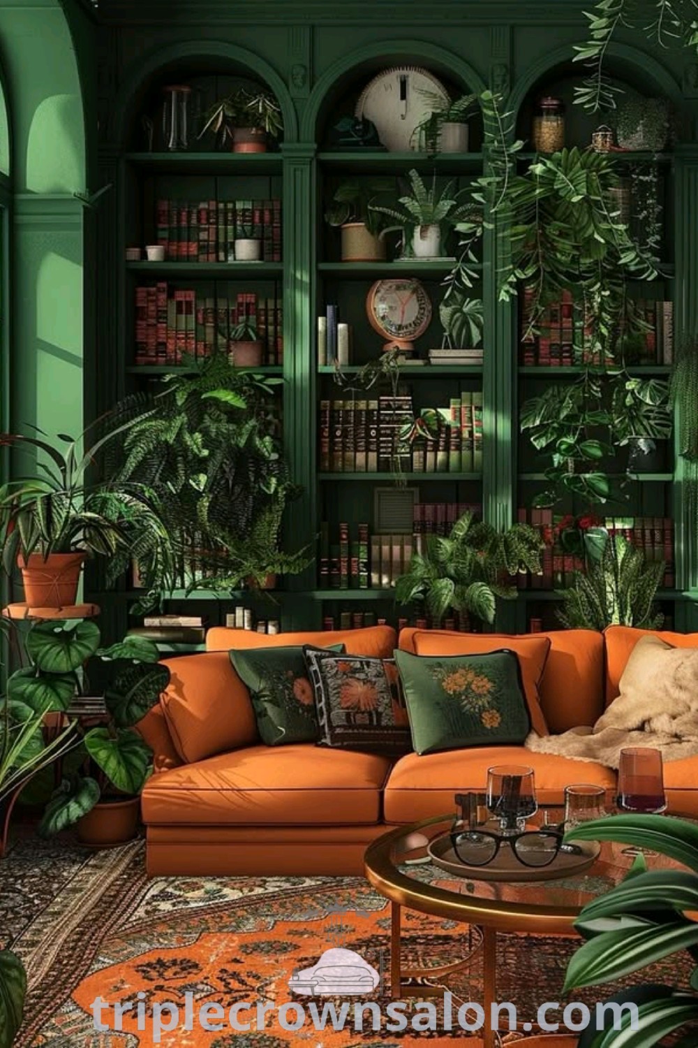 A cozy living room filled with green plants and potted plants on bookshelves, showcasing a green library aesthetic with dark green decor. This scene embodies inviting home library decor and unique ideas for your home, ideal for small spaces. Find more inspirations at triplecrownsalon.com.