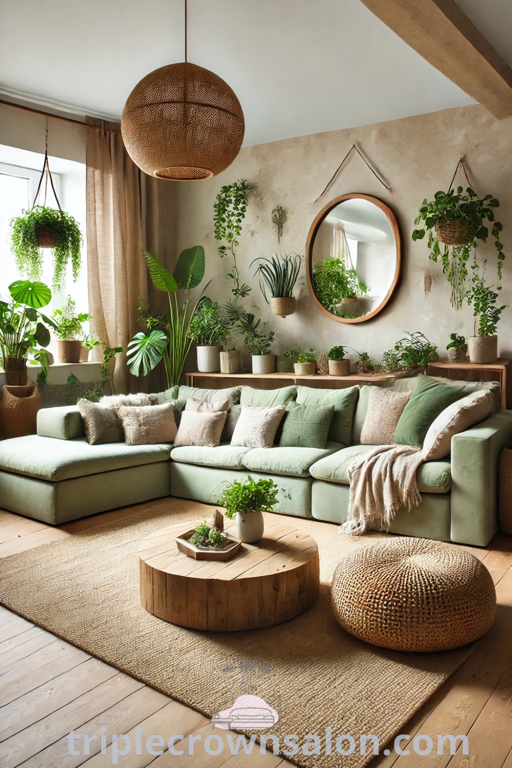 A cozy living room filled with green furniture, potted plants on walls, and warm wood accents, creating an earthy boho aesthetic. This inviting space offers inspiring decor ideas for your home, featuring minimalist details and a tranquil vibe. Explore more inspirations at triplecrownsalon.com.