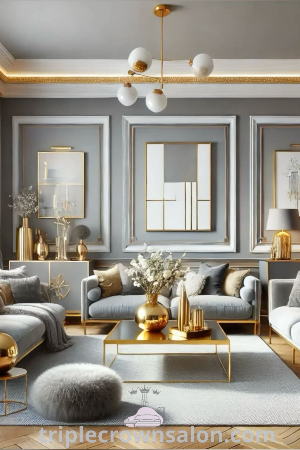 A stylish living room featuring furniture adorned with gold accents against grey walls and large windows, showcasing a cozy and inspiring atmosphere. This space provides unique grey and gold living room ideas, with decor inspirations for creating a warm and welcoming environment. More ideas can be found at wellnesswink.com.