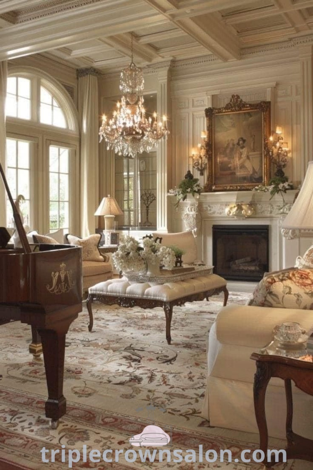 A cozy French country living room filled with rustic furniture and a grand piano, showcasing romantic decor inspirations and unique ideas for your home. This inviting space highlights French Provincial style and offers decor ideas for a warm ambiance. Explore more at triplecrownsalon.com.
