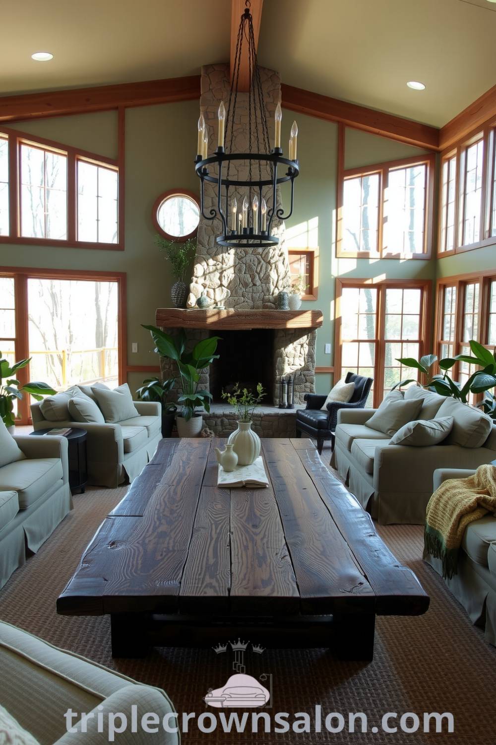 Cozy nature-inspired living room with soft earthy tones, plush linen-covered sofas, a weathered wooden coffee table, a stone fireplace, and potted plants; perfect for creating a warm and inviting atmosphere. Visit triplecrownsalon.com for more decor ideas and inspiration.