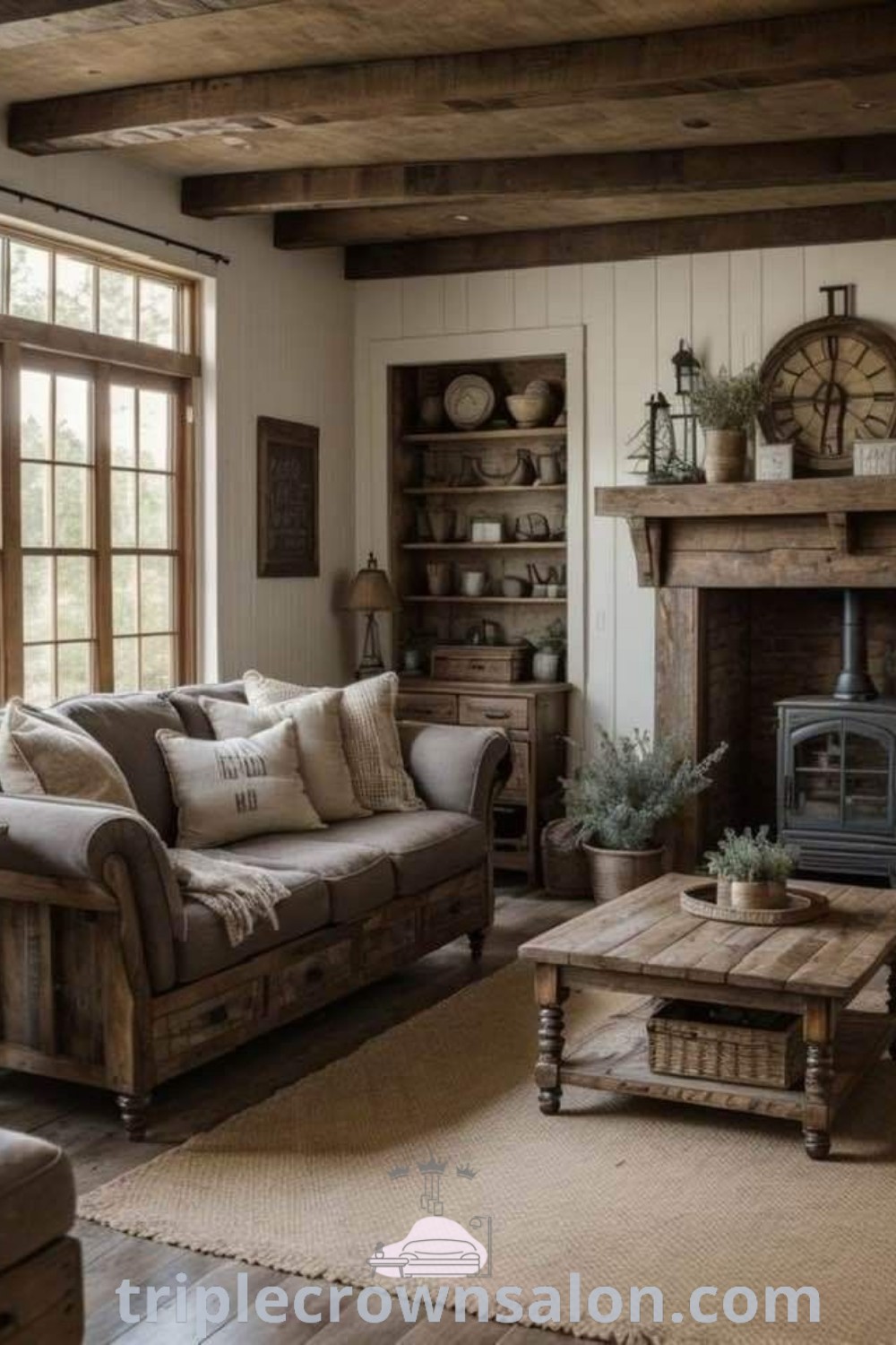 A cozy rustic farmhouse living room filled with comfortable furniture, a warm fireplace, and charming decor. Its inviting style showcases unique ideas for your home, blending rustic and cottage living inspirations. Discover more decor ideas for small spaces at triplecrownsalon.com.