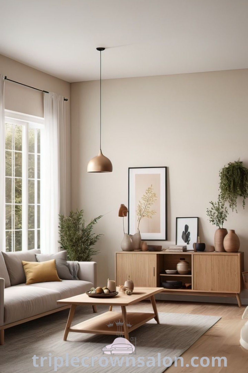 A Scandinavian-style living room featuring white oak floors and cozy decor elements, designed for relaxation and light, bright aesthetics. This inspiring space showcases decor ideas for small spaces, perfect for creating a cozy home. Explore more inspiring home designs at triplecrownsalon.com.
