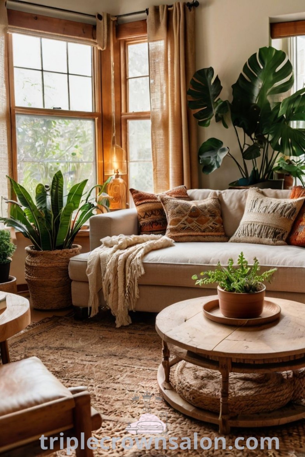 A cozy Boho living room filled with various furniture, large potted plants on the windowsill, and a stunning leather couch, showcasing eclectic modern decor inspirations. It emphasizes earthy colors and unique ideas for enhancing your cozy home, perfect for relaxation and personalization. Explore more decor ideas at wellnesswink.com.