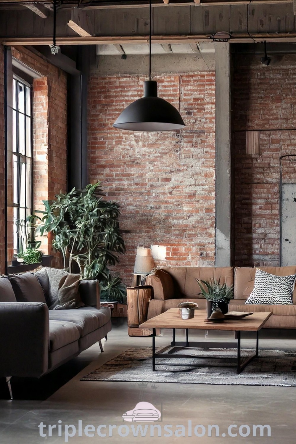An urban industrial living room with exposed brick walls, leather couches, and potted plants, showcasing rustic charm and cozy decor ideas for small spaces. Discover stylish living room design tips at triplecrownsalon.com.