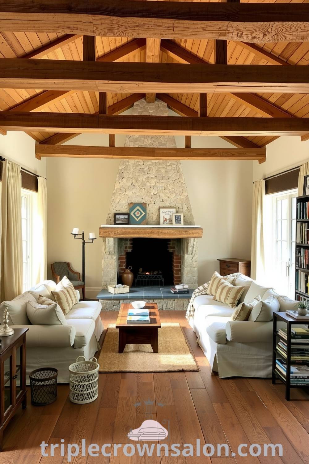 Beige farmhouse living room featuring rustic wooden beams, a large linen sofa, a stone fireplace with a flickering fire, sheer linen curtains, handmade quilts, and a well-loved bookshelf, offering cozy ideas and design inspirations for creating a warm, inviting home. Visit triplecrownsalon.com for more unique ideas.