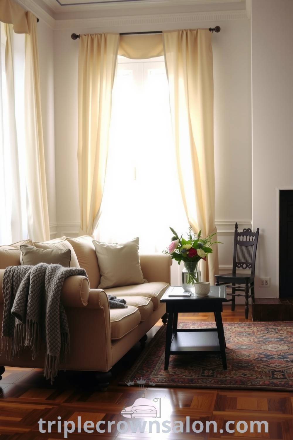 Classic living room with wooden furniture, soft white walls, sheer curtains allowing sunlight, a plush sofa, hand-knitted throws, a coffee table with fresh flowers, and a cozy fireplace, providing inspiring decor ideas for your home at fireplacesandwoodstoves.com.