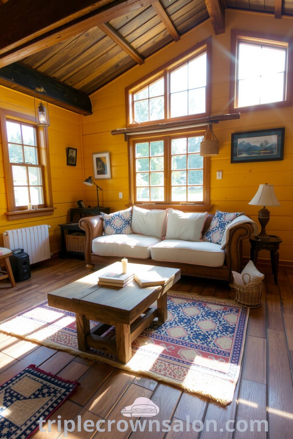 Rustic living room in a cottage with yellow tones, wooden walls, a comfortable sofa with a quilt, a reclaimed wood coffee table with books and a candle, bright natural light streaming in, creating a cozy aesthetic perfect for inspiration and design ideas for your home on triplecrownsalon.com.