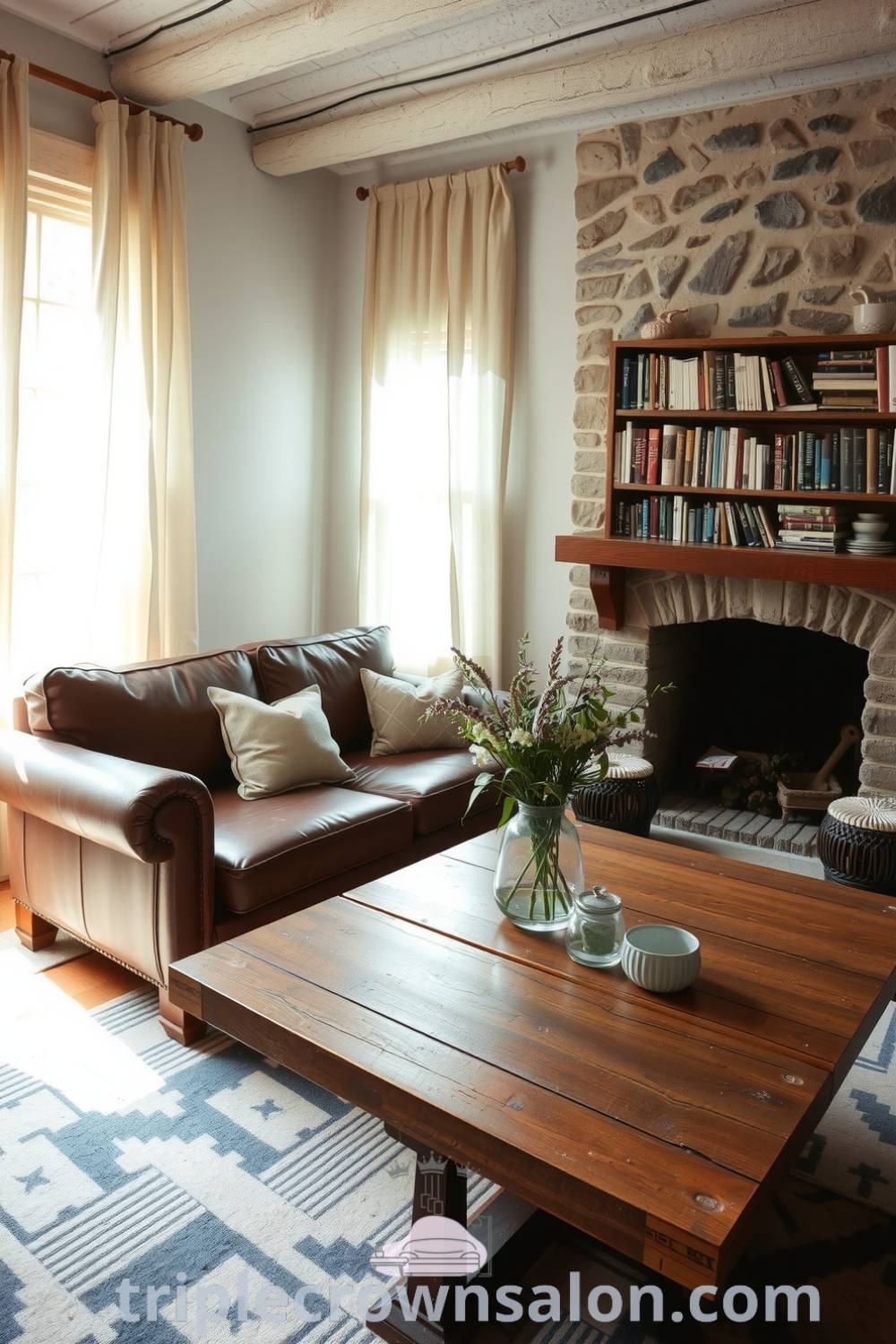 Cozy living room featuring a stone fireplace, worn leather sofa, and bookshelves filled with novels, illuminated by sunlight through sheer curtains, showcasing unique decor ideas for a cozy home, found at fireplacesandwoodstoves.com.