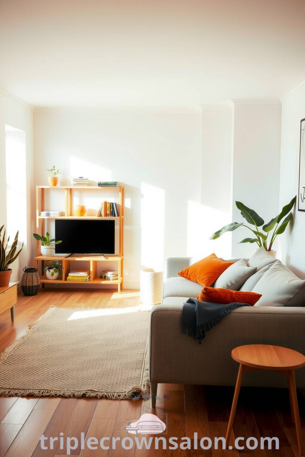 Scandinavian living room featuring warm orange accents, plush rug, wooden shelves with books and plants, low-profile sofa with scatter cushions, and a cozy aesthetic, ideal for decorating ideas for small spaces, decor ideas for your home, and design tips at triplecrownsalon.com.