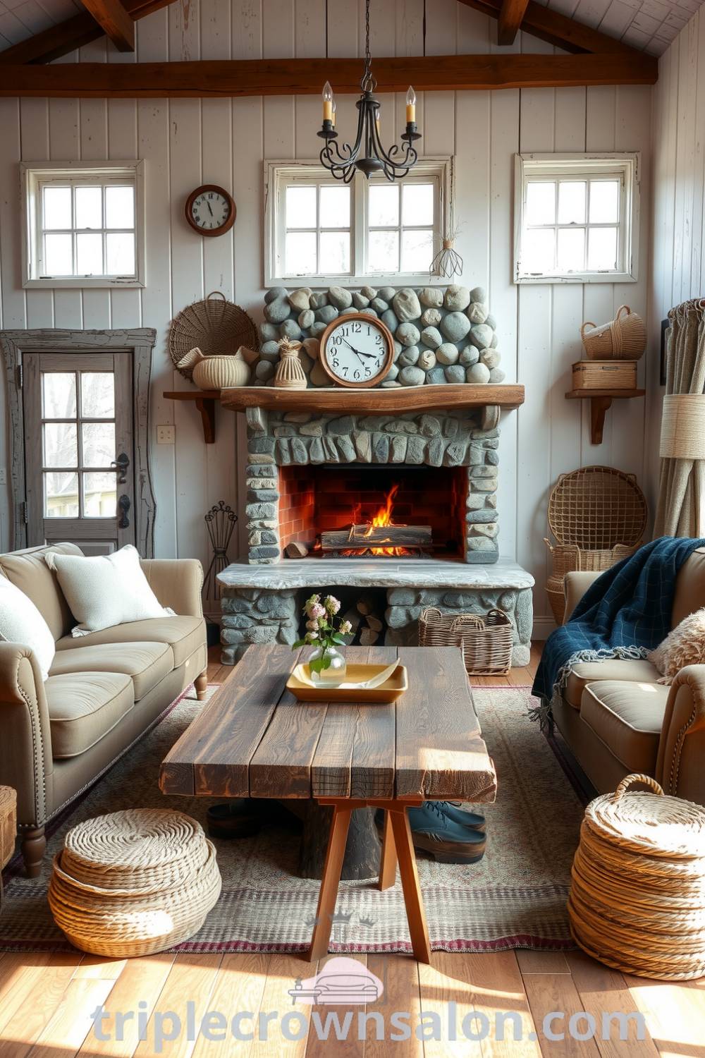 Cozy rustic living room featuring weathered white wooden walls, overstuffed sofas with colorful throw pillows, a reclaimed wood coffee table, and a charming stone fireplace, providing cozy ideas and inspirations for your home, showcased on fireplacesandwoodstoves.com.