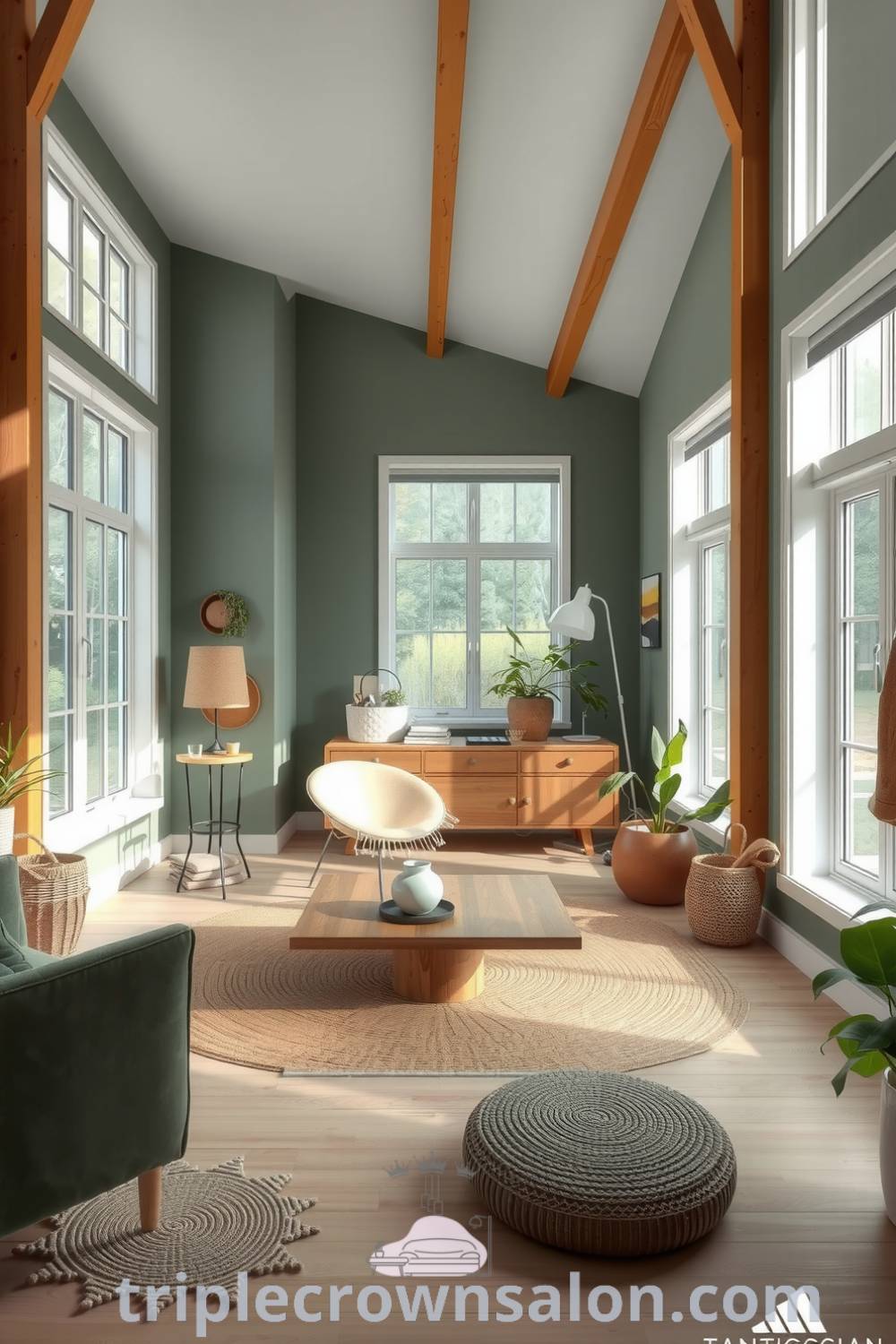 Scandinavian living room featuring green accents, large windows, wooden beams, cozy textiles, minimalist coffee table, and houseplants, representing cozy design ideas, inspirations for your home, and cozy aesthetic from triplecrownsalon.com.