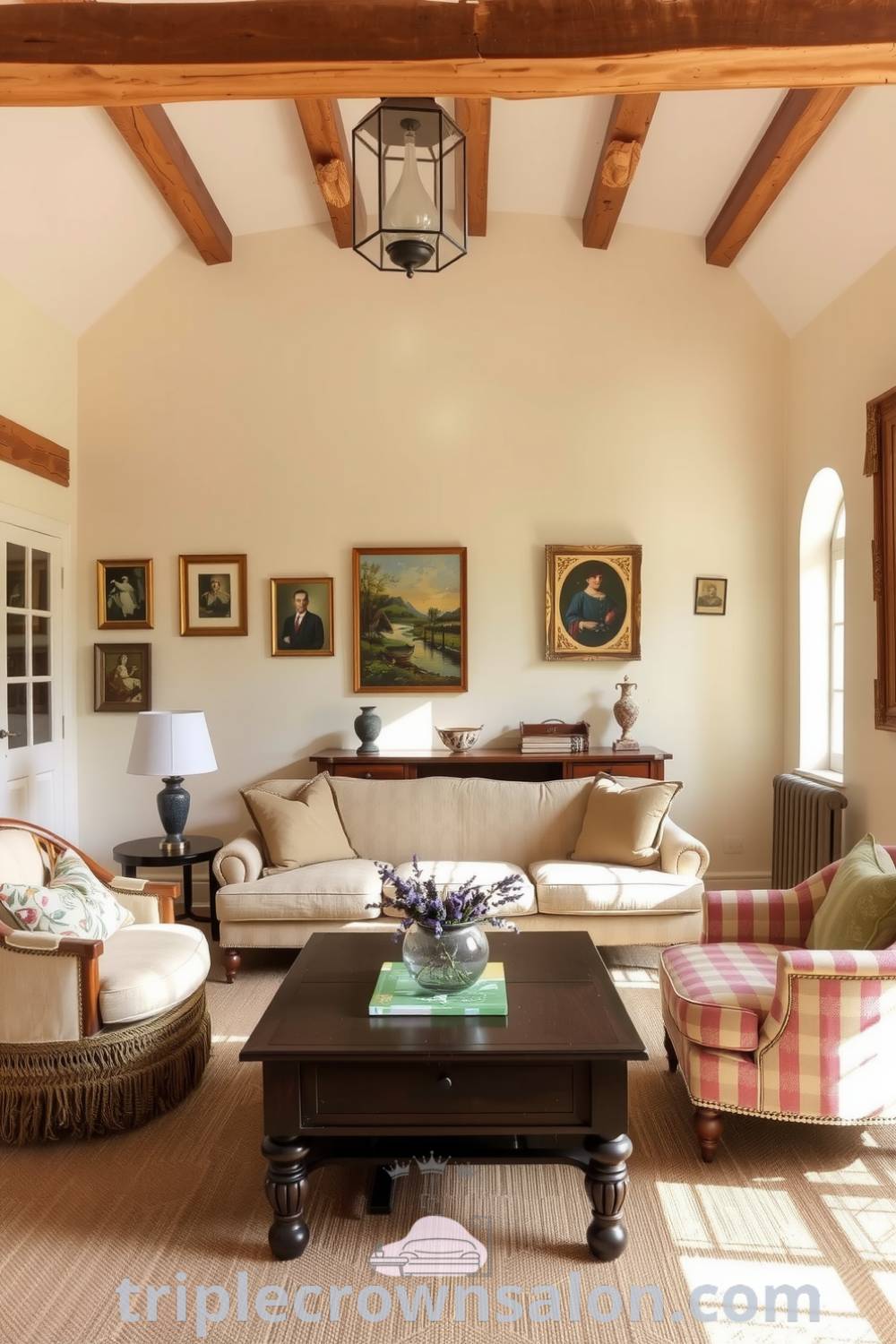Cozy French living room featuring creamy white walls, rustic wooden beams, vintage sofa, mismatched armchairs, and a coffee table with fresh flowers, showcasing cozy ideas and inspiring decor ideas for small spaces on triplecrownsalon.com.