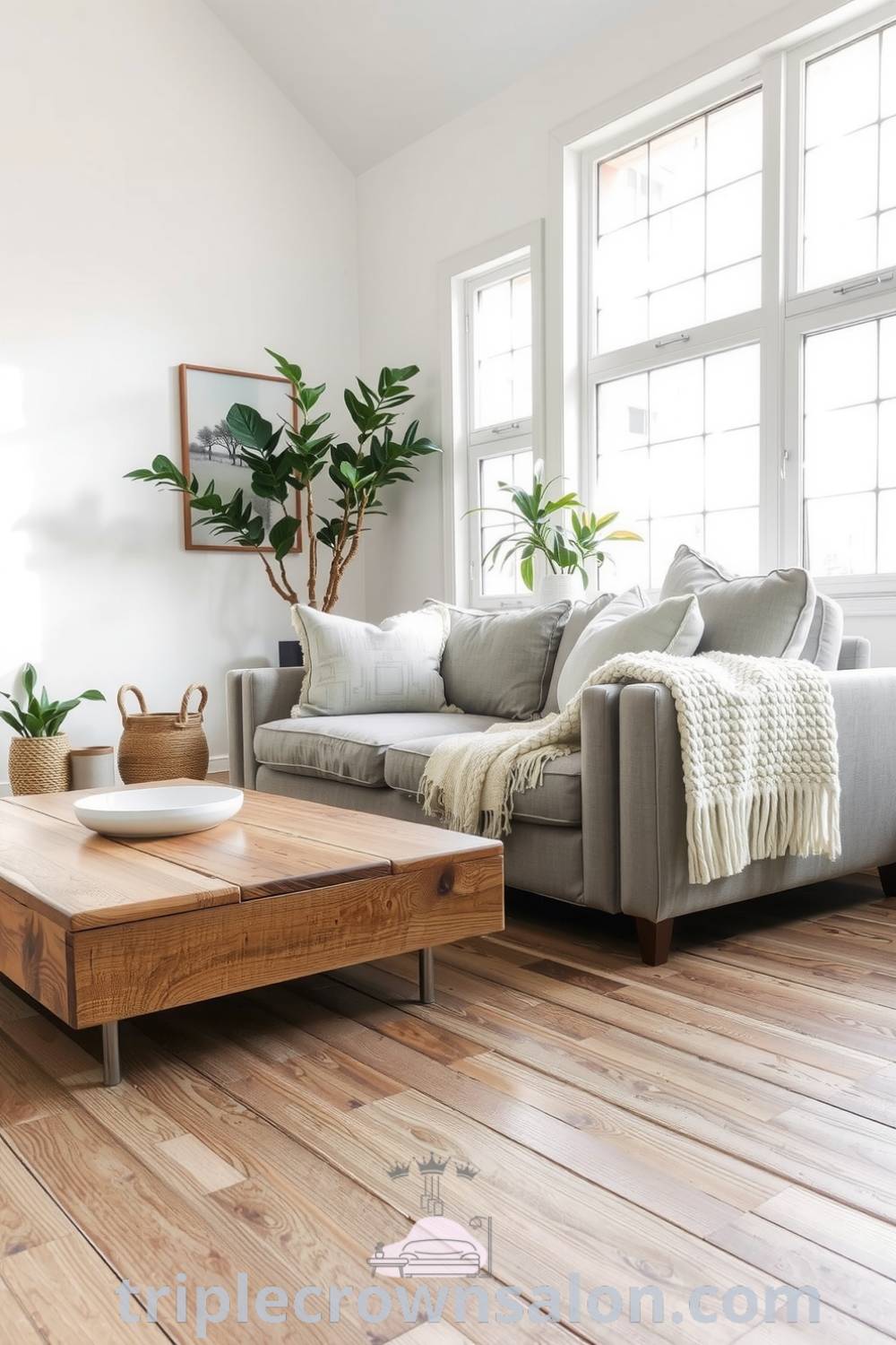 Cozy Scandinavian living room with soft white walls, light grey sofa with textured pillows, chunky knit blanket, reclaimed wood coffee table, and potted plants, showcasing cozy decor ideas and inspirations for a warm and inviting home at triplecrownsalon.com.