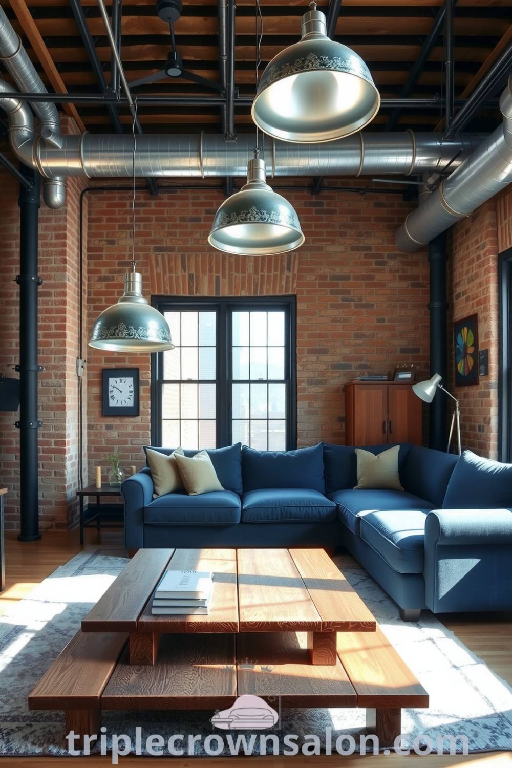 Cozy industrial living room featuring weathered brick walls, large metal light fixtures, a plush blue sofa, reclaimed wood coffee table, and exposed piping, creating an inviting space filled with warmth and character. For decor ideas and inspirations visit triplecrownsalon.com.