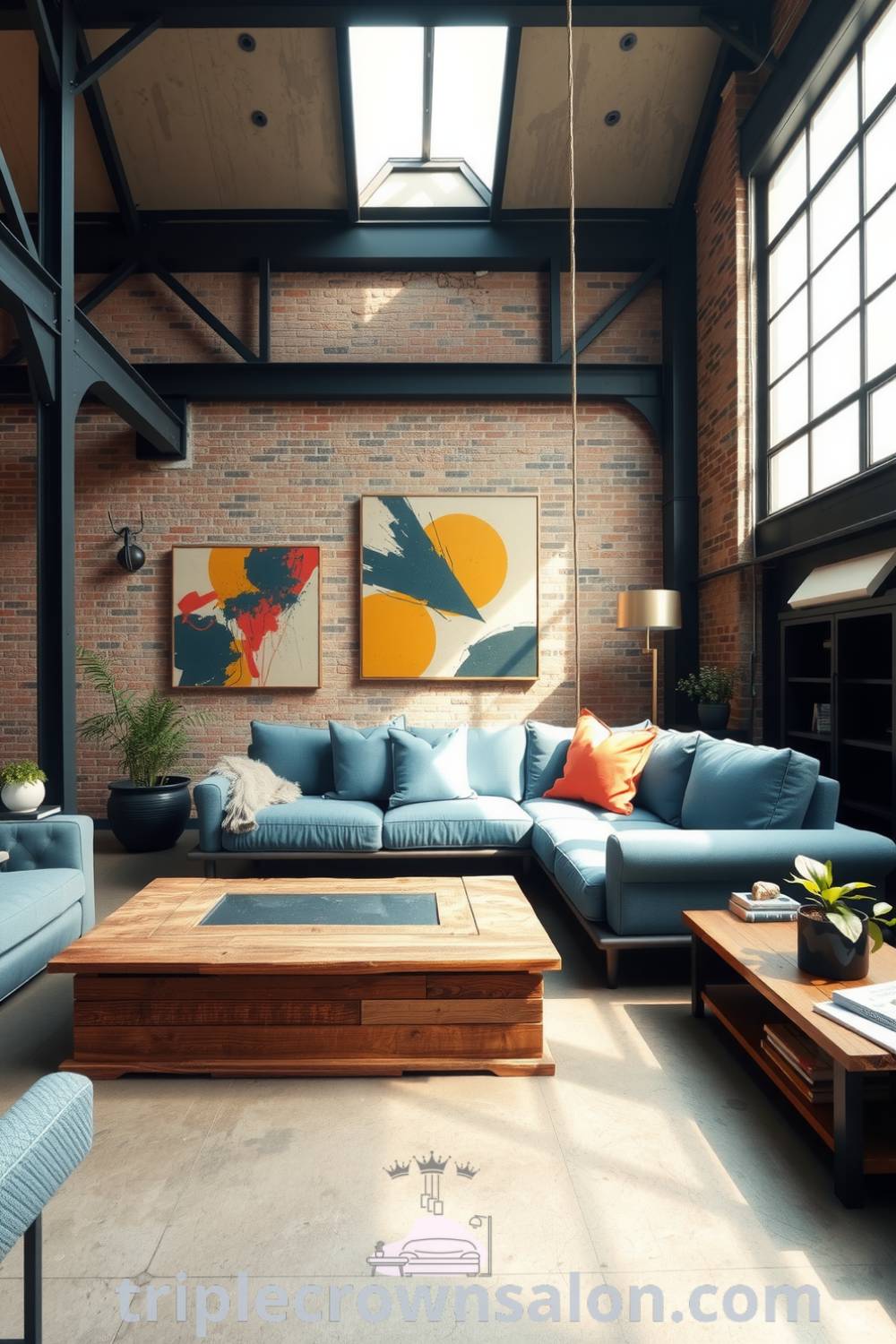 Cozy industrial living room featuring large metal beams, blue upholstery, an exposed brick wall with abstract art, warm light through oversized windows, a reclaimed wooden coffee table, and potted plants, creating a cozy and inspiring atmosphere for relaxation, showcased in unique decor ideas found at triplecrownsalon.com.