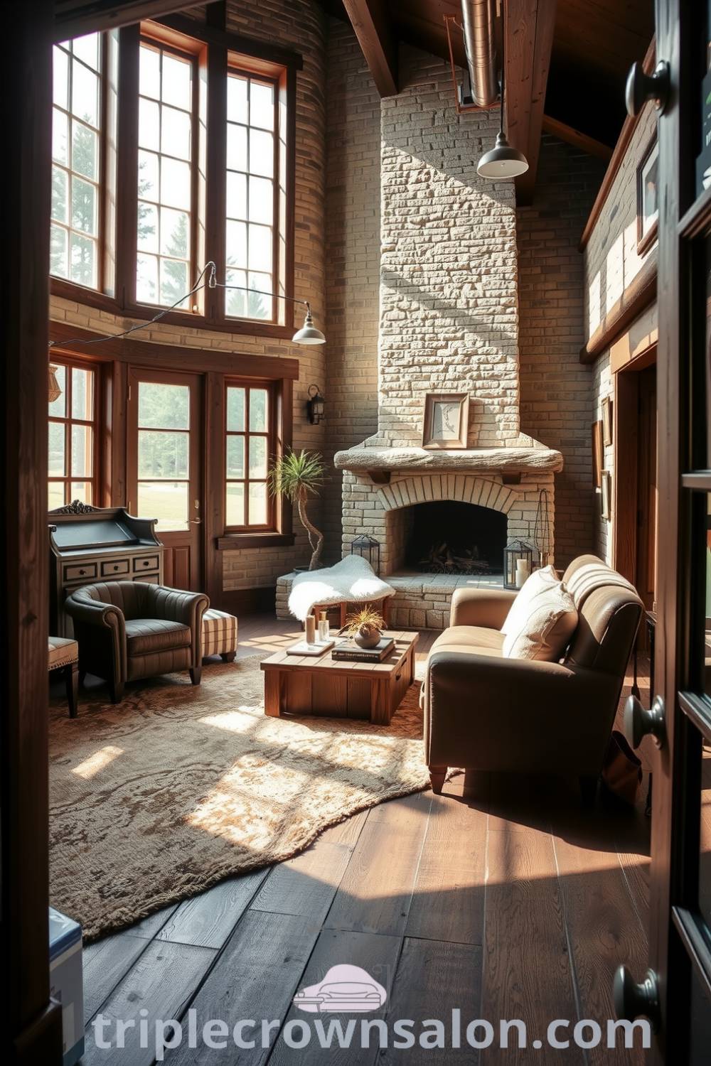 Cozy rustic living room with exposed stone walls, deep wood accents, a plush rug, and a crackling fireplace, creating a warm atmosphere filled with design ideas and inspirations for your home, featured on fireplacesandwoodstoves.com.
