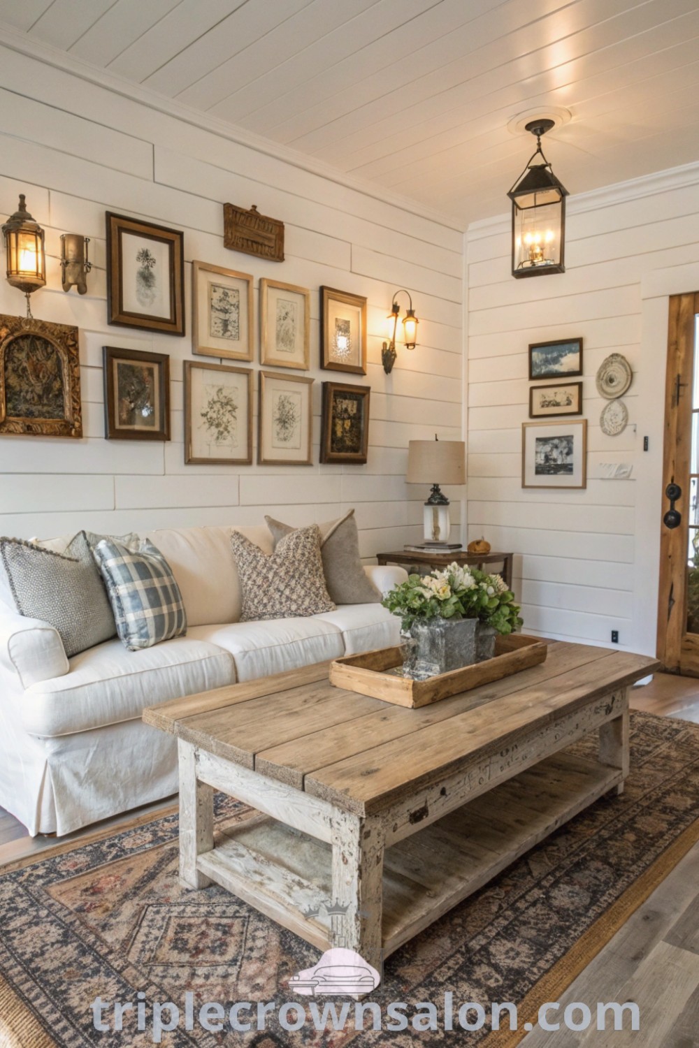 A cozy farmhouse living room featuring white shiplap walls, stylish furniture, and framed pictures above a coffee table, designed for comfort and aesthetic appeal. Discover inspiring decor ideas for your home at triplecrownsalon.com.