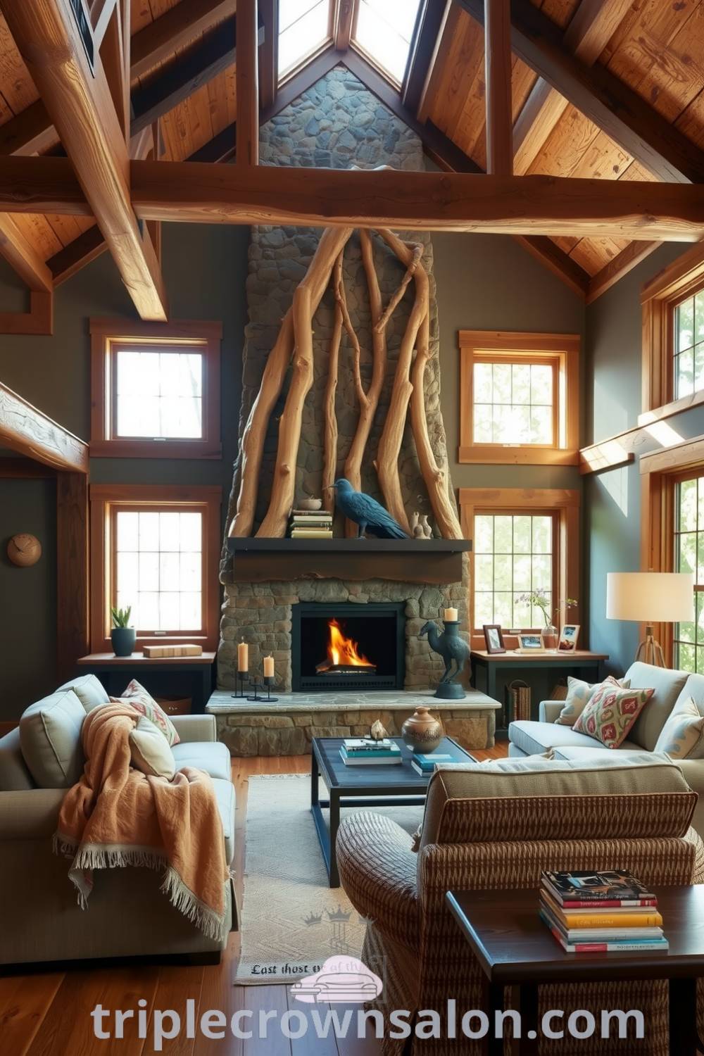 Nature-inspired living room featuring warm earth tones, reclaimed wood furniture, soft greens, exposed wooden beams, a cozy sofa, and a stone fireplace, all creating a tranquil retreat perfect for relaxation and inspiring decor ideas at triplecrownsalon.com.