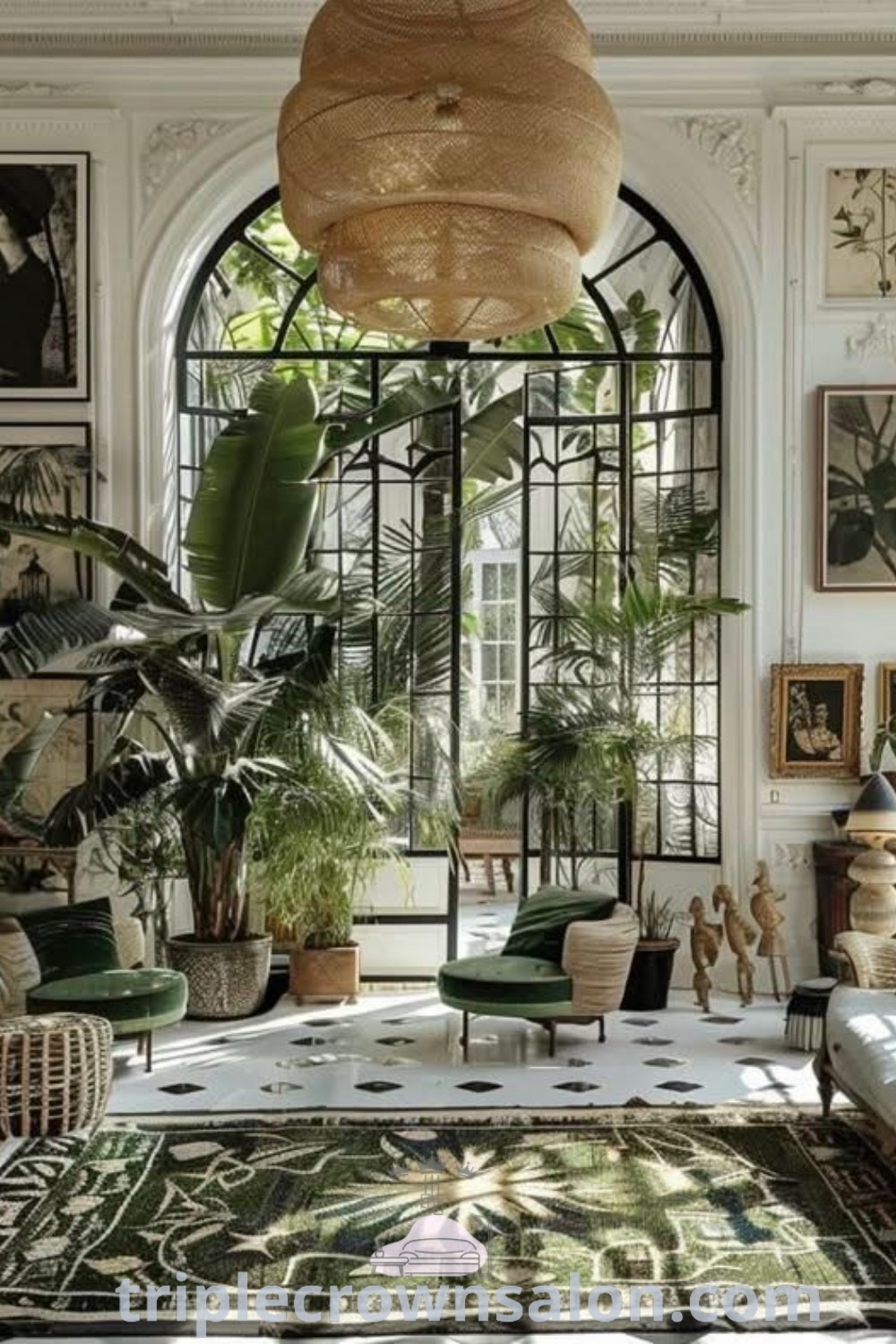 A stunning living room filled with lush plants and stylish furniture, showcasing French Conservatory interiors and botanical decor ideas. This cozy aesthetic space highlights inspiring design trends perfect for a comfortable home. Discover unique ideas for your home at triplecrownsalon.com.