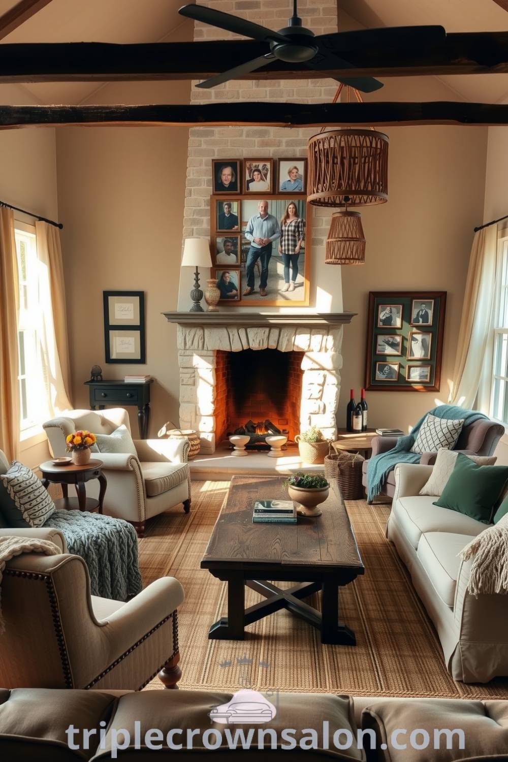 Rustic living room featuring beige walls with family photos, a large wooden coffee table, mismatched seating, knitted blankets, and a stone fireplace, creating a cozy home atmosphere. For more cozy ideas, visit triplecrownsalon.com.