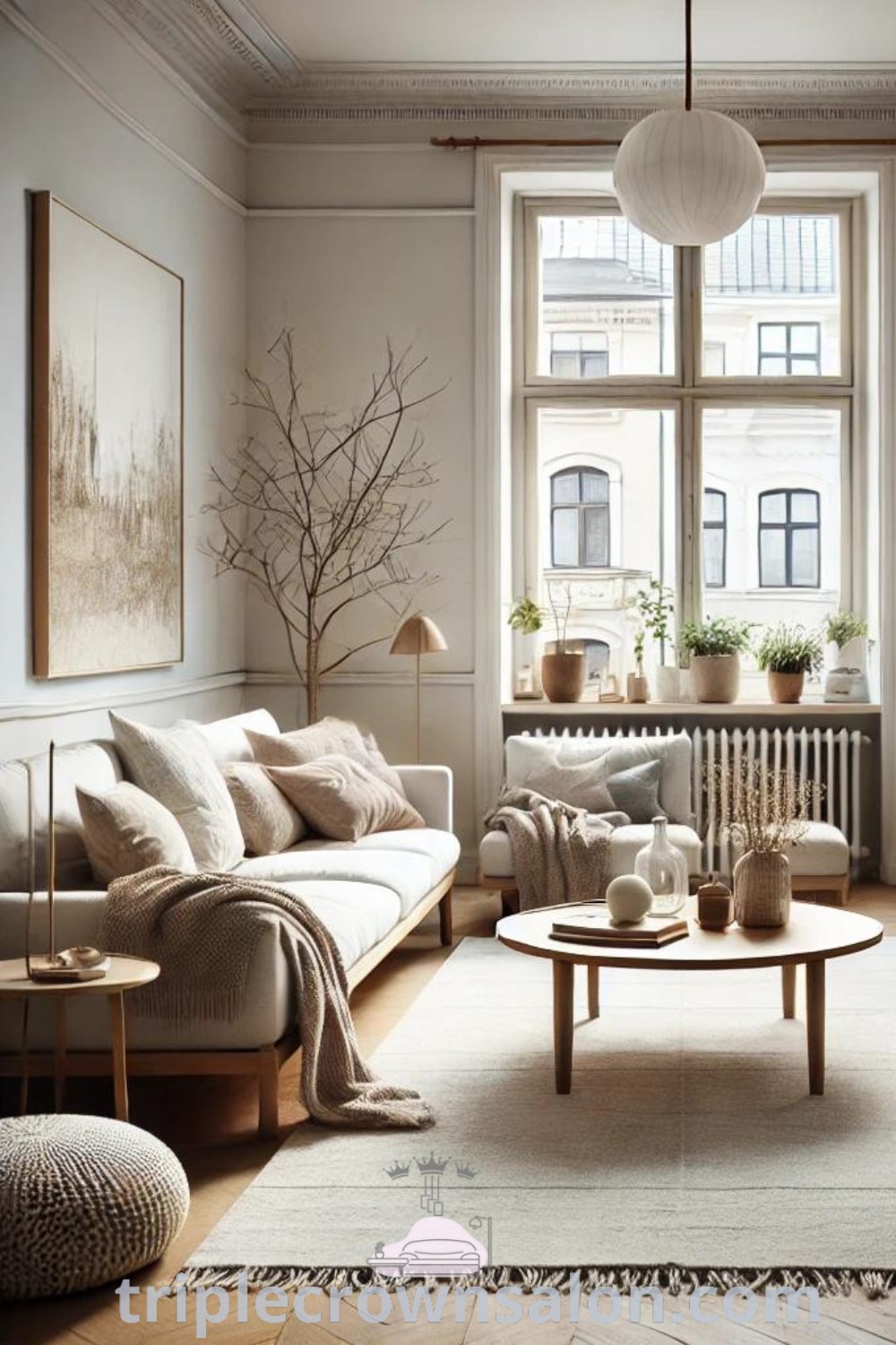 A clean Scandinavian living room filled with functional decor and bright spaces, showcasing Simple Scandinavian Living Room style with Scandi Mediterranean influences. This cozy home design offers unique ideas for small spaces, perfect for those seeking inspiration and decor ideas. Visit triplecrownsalon.com for more cozy inspirations.