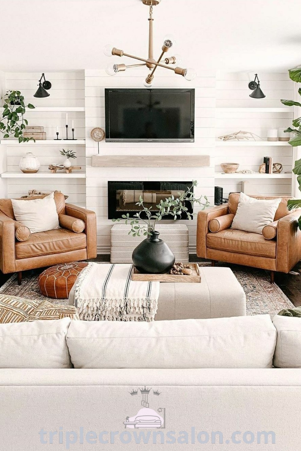A modern minimalist living room showcasing stylish furniture and a flat-screen TV centered above a fireplace, emphasizing a cozy aesthetic. Discover unique decor inspirations and ideas for your home on triplecrownsalon.com.