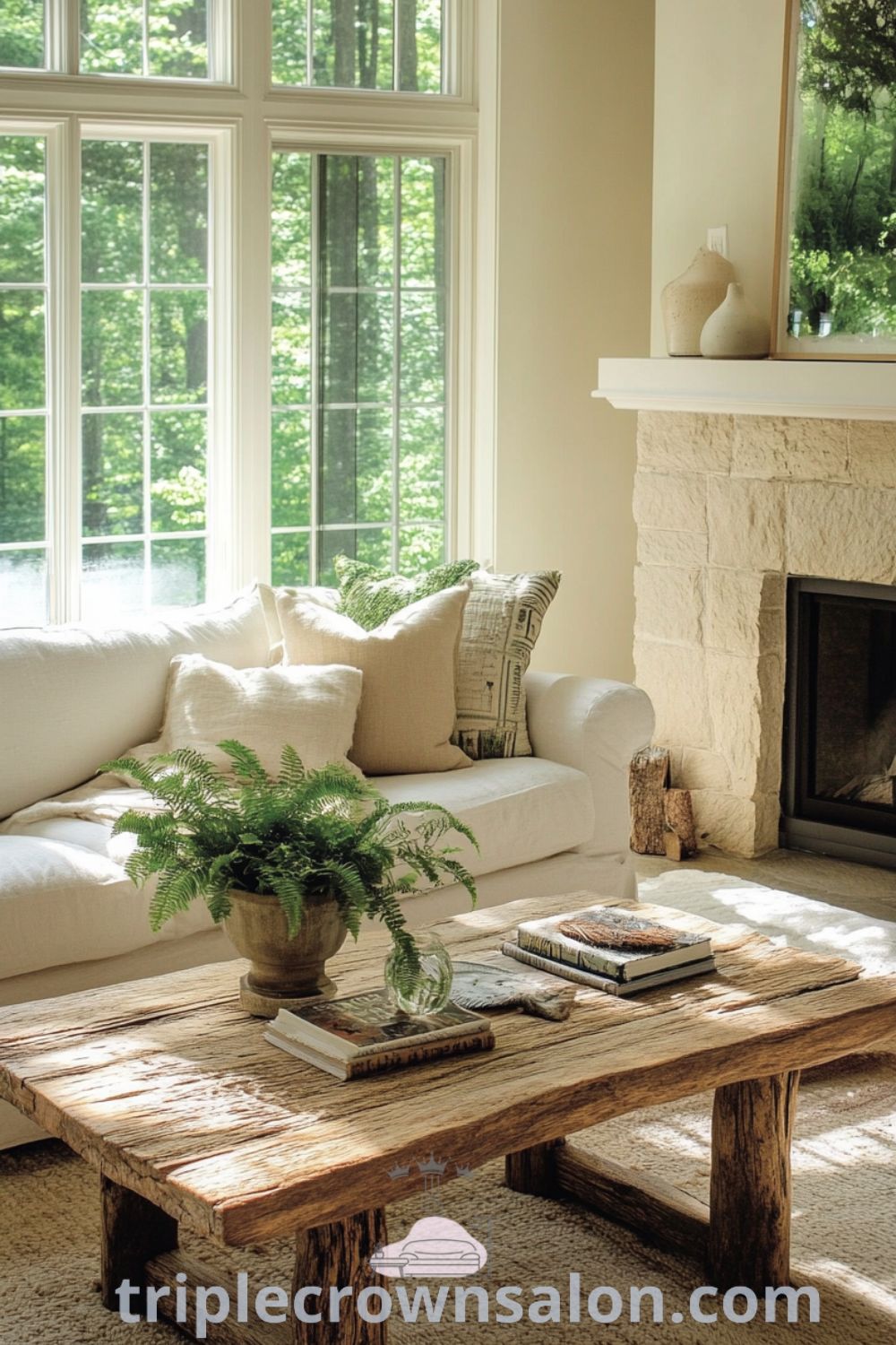 Nature-inspired living room with warm beige walls, vintage wooden coffee table, plush woven rug, large windows allowing natural light, and vibrant potted plants, creating a cozy aesthetic that inspires unique decor ideas for your home at triplecrownsalon.com.